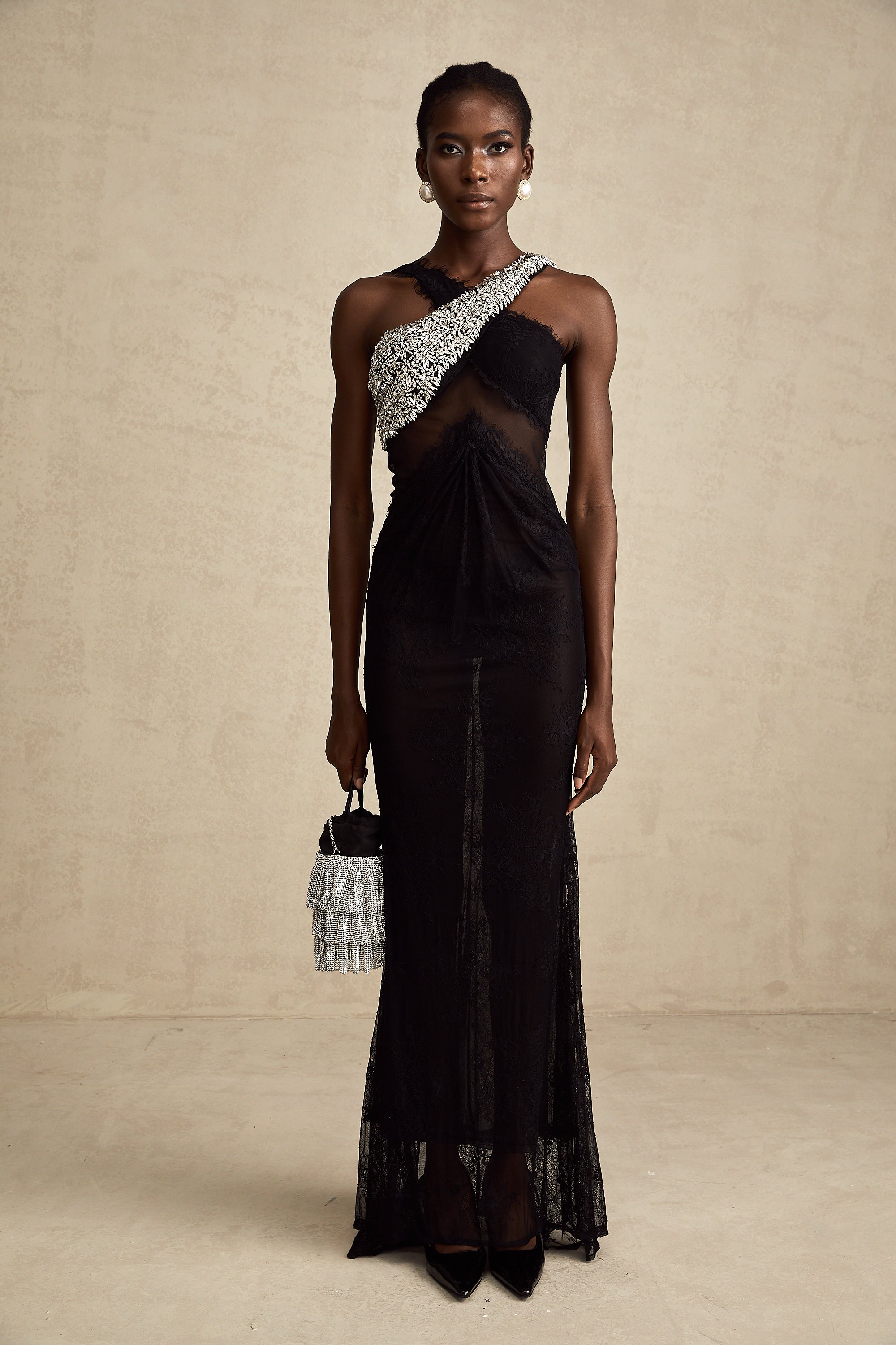 Irène black crossover crystal-embellished maxi dress