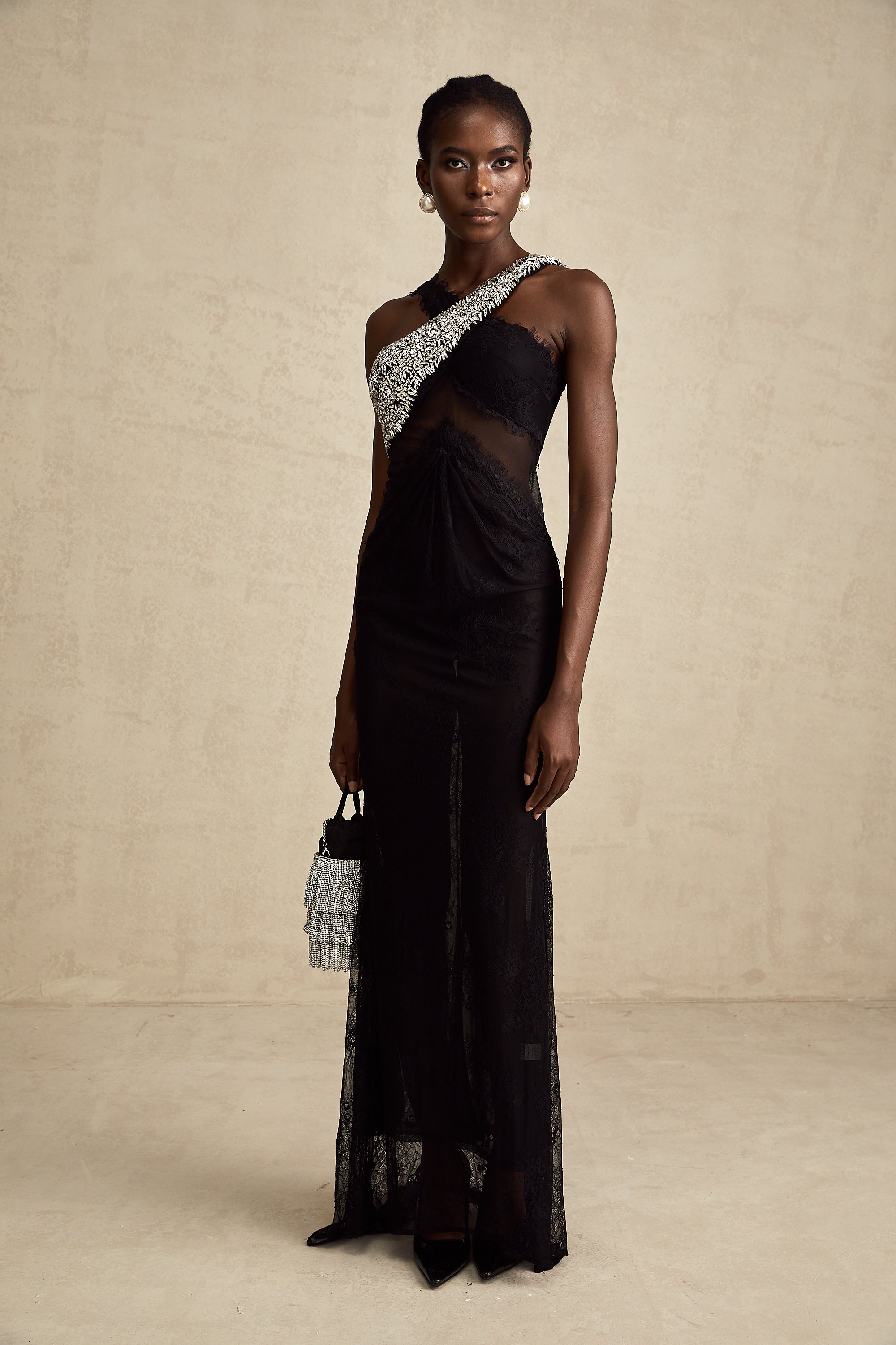 Irène black crossover crystal-embellished maxi dress