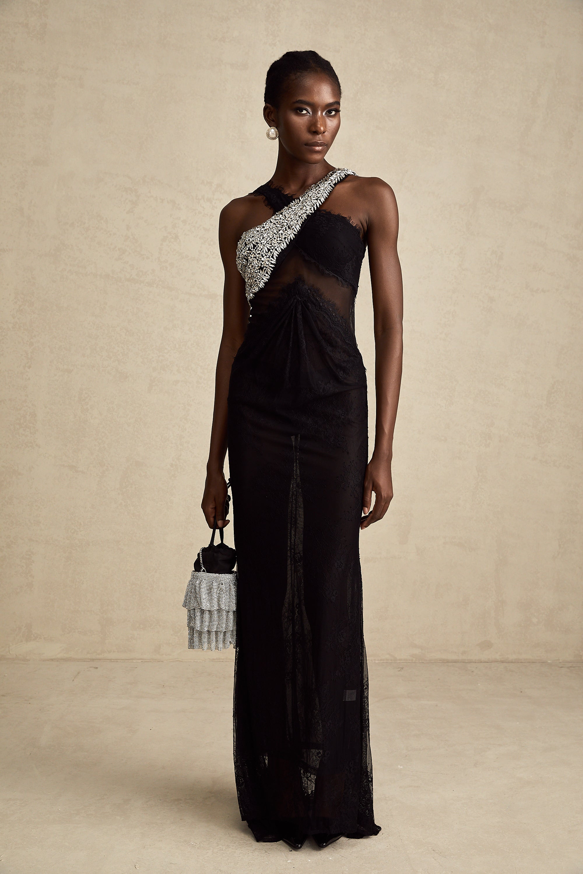 Irène black crossover crystal-embellished maxi dress