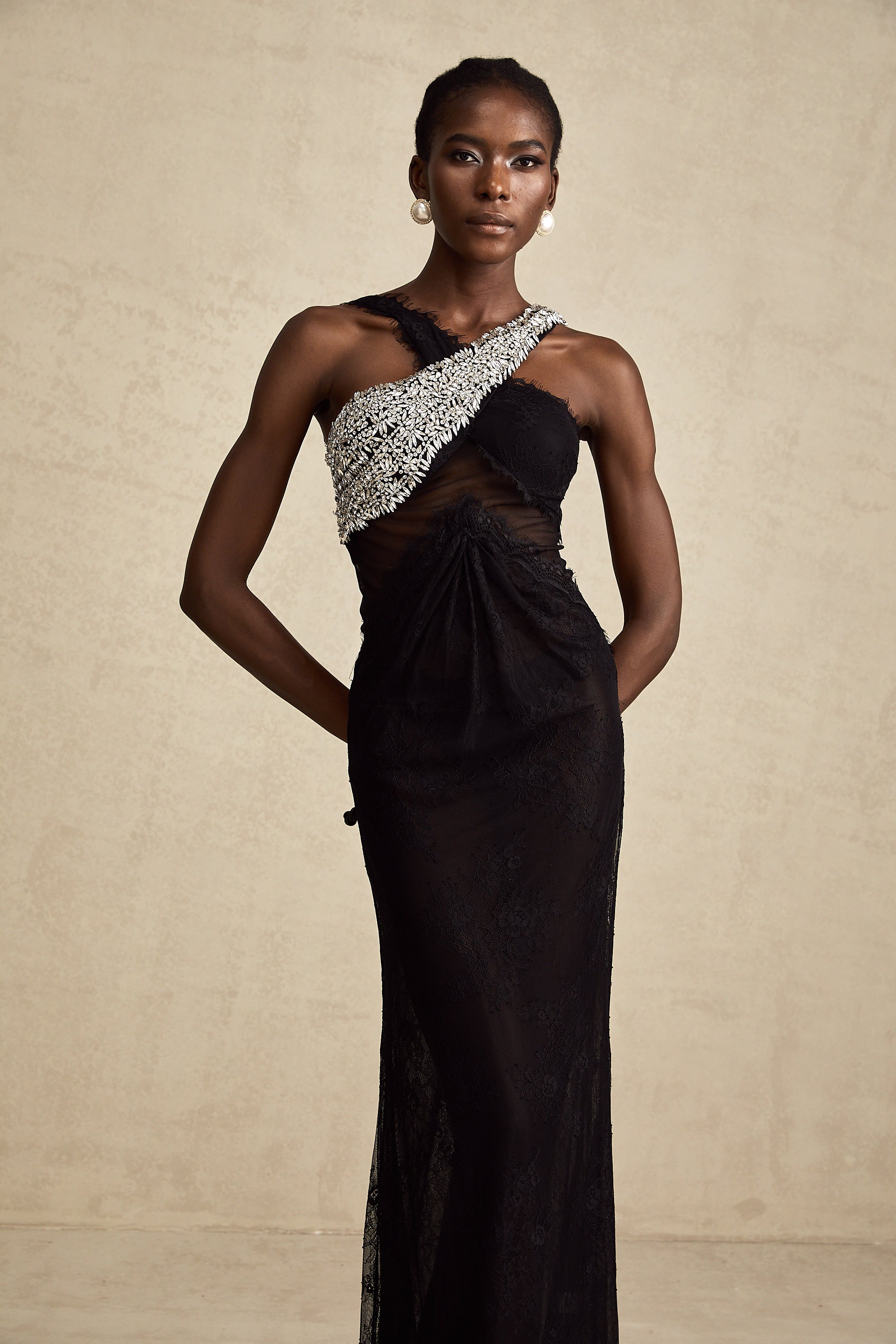 Irène black crossover crystal-embellished maxi dress