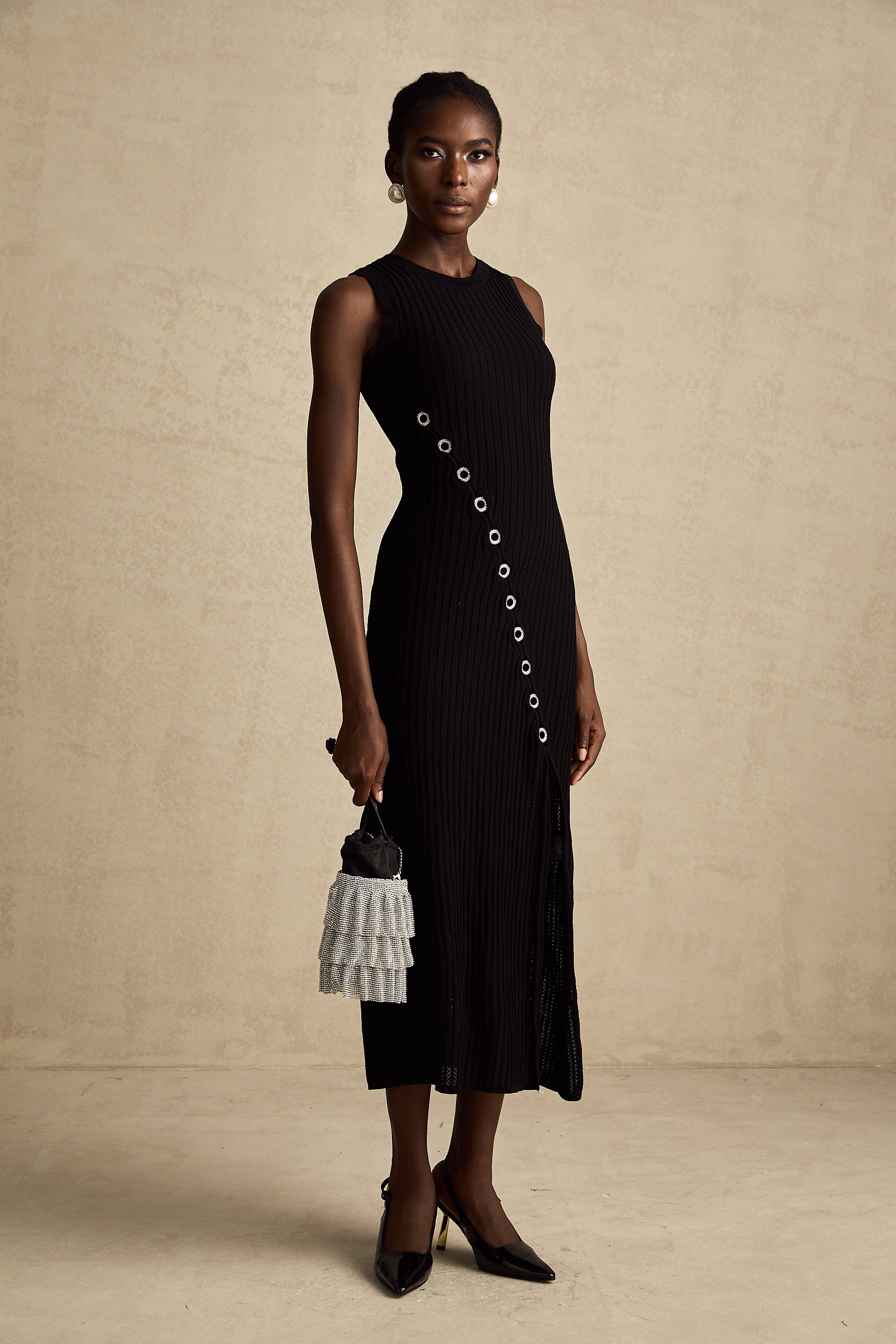 Jeanne black hoop-embellished knitted midi dress