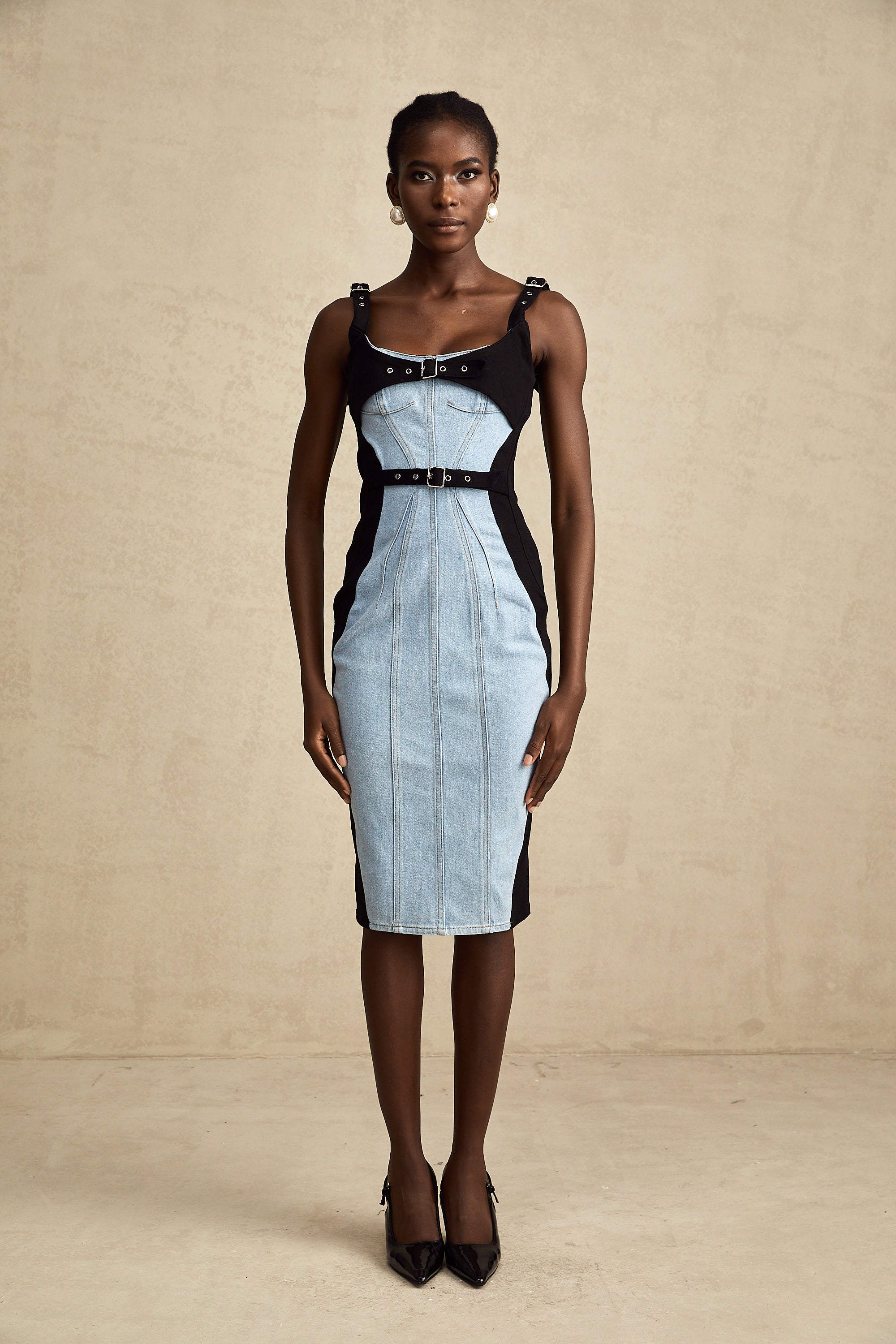 Fanny blue denim-panel belted midi dress