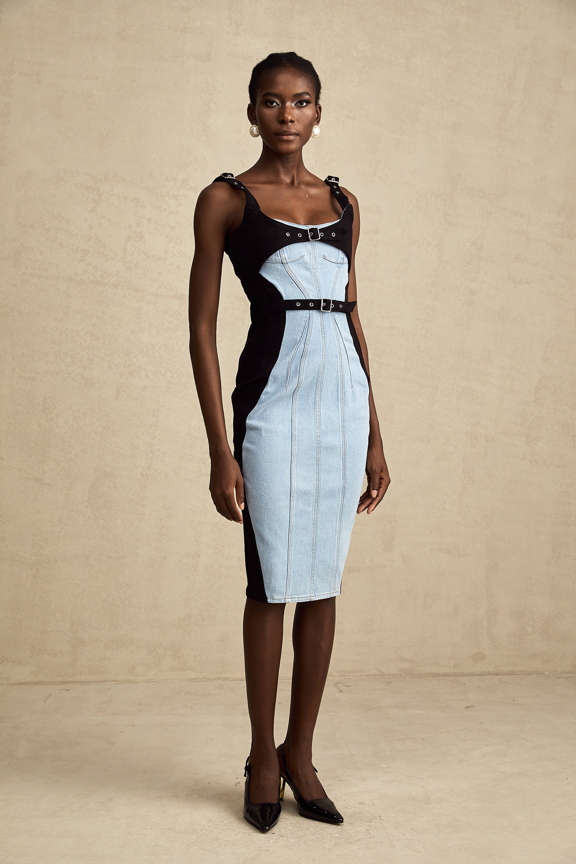 Fanny blue denim-panel belted midi dress