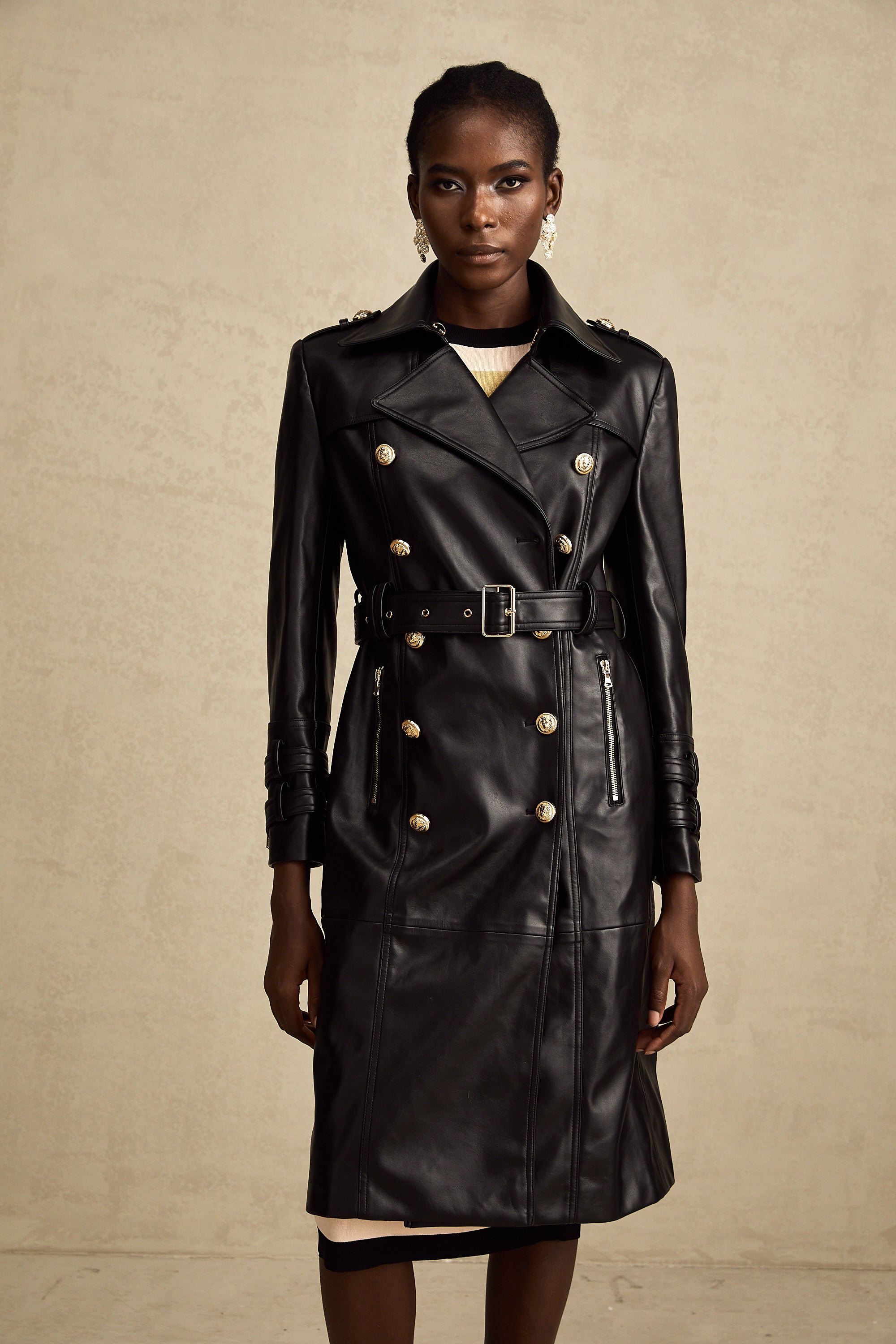 Camille black double-breasted belted leather coat