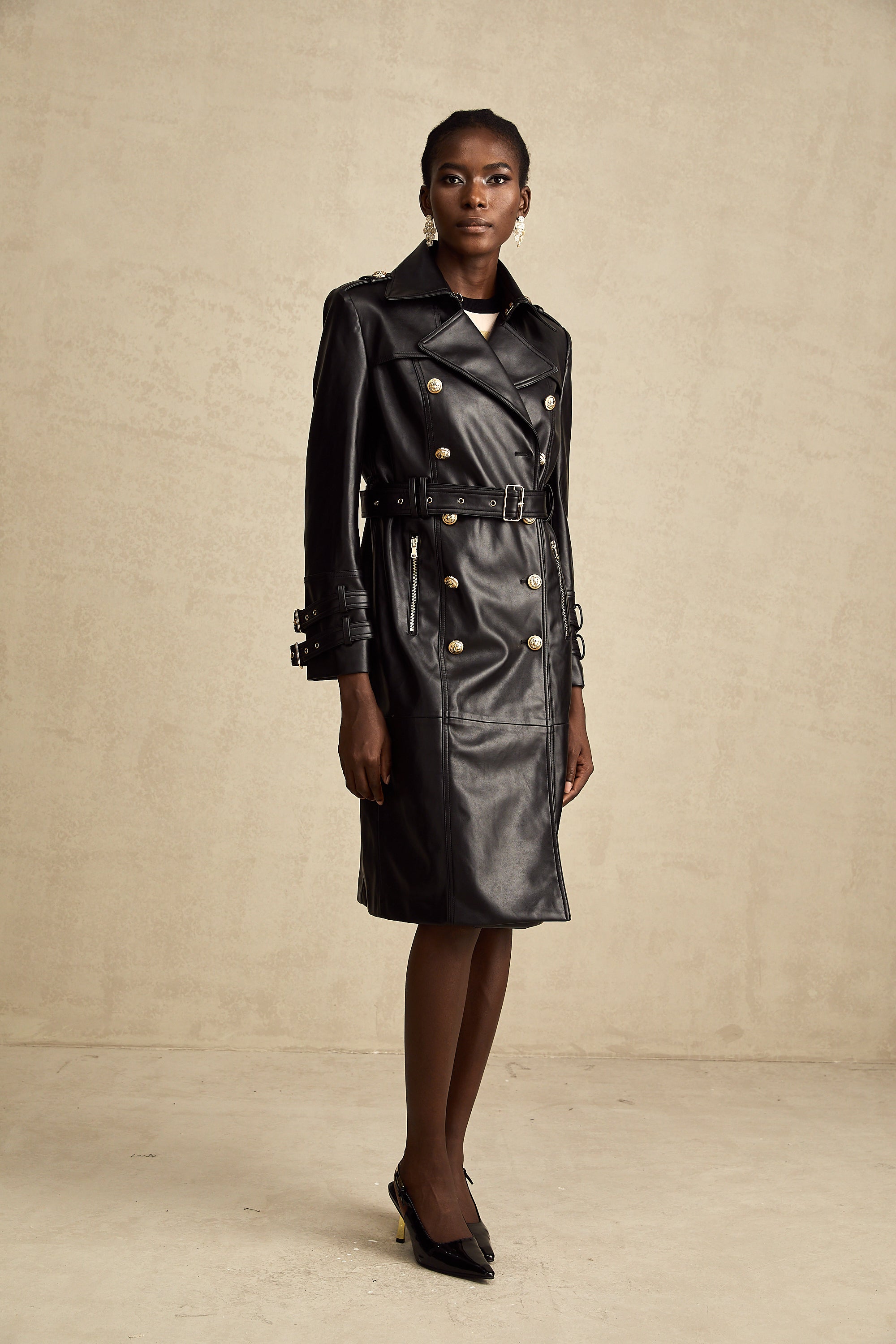 Camille black double-breasted belted leather coat