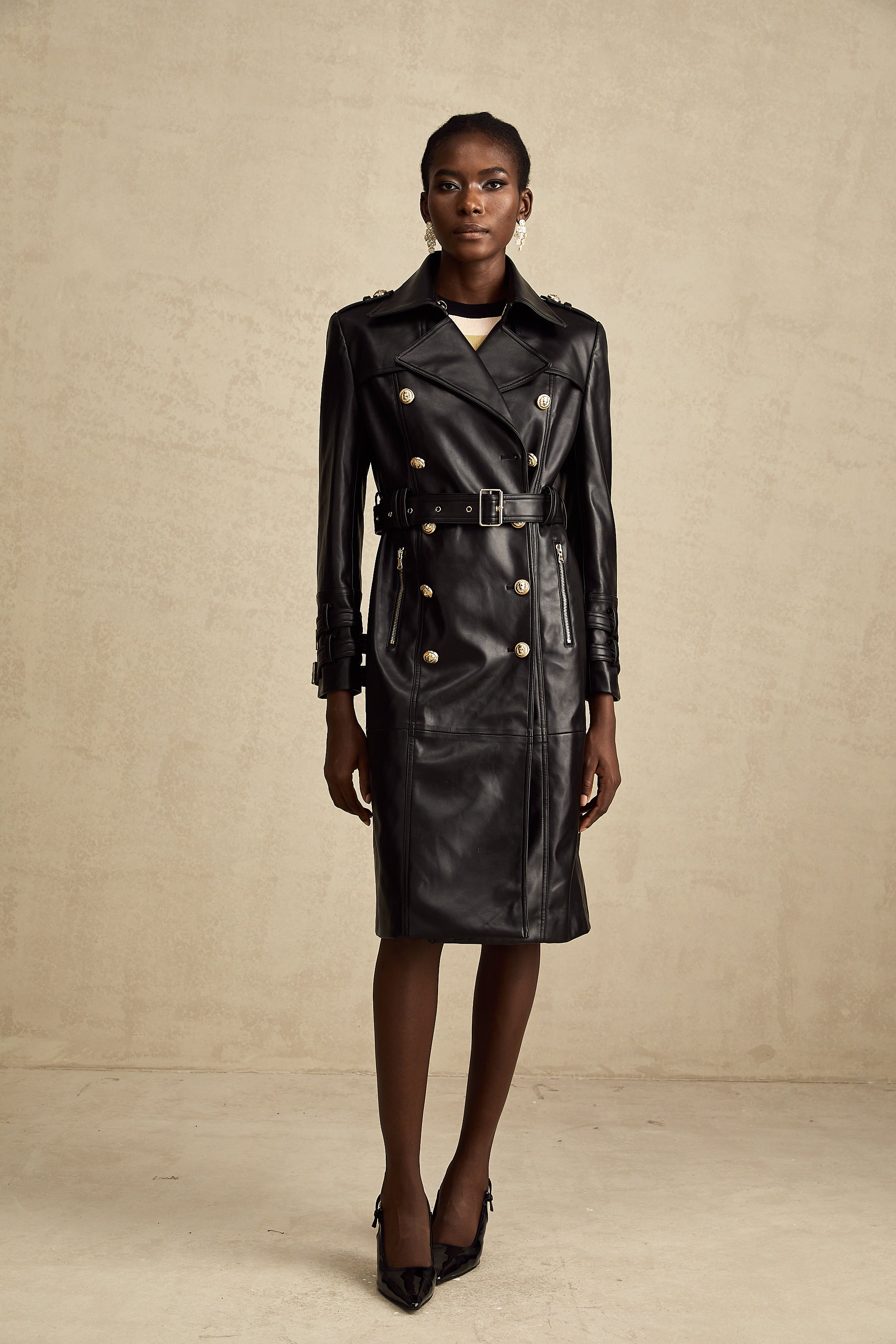 Camille black double-breasted belted leather coat