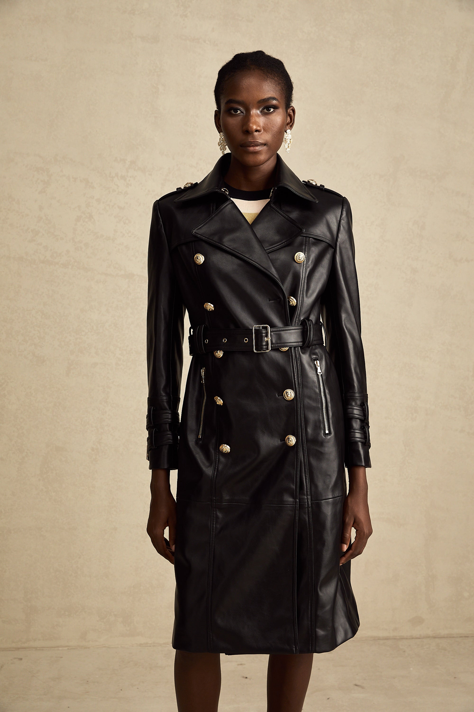 Camille black double-breasted belted leather coat