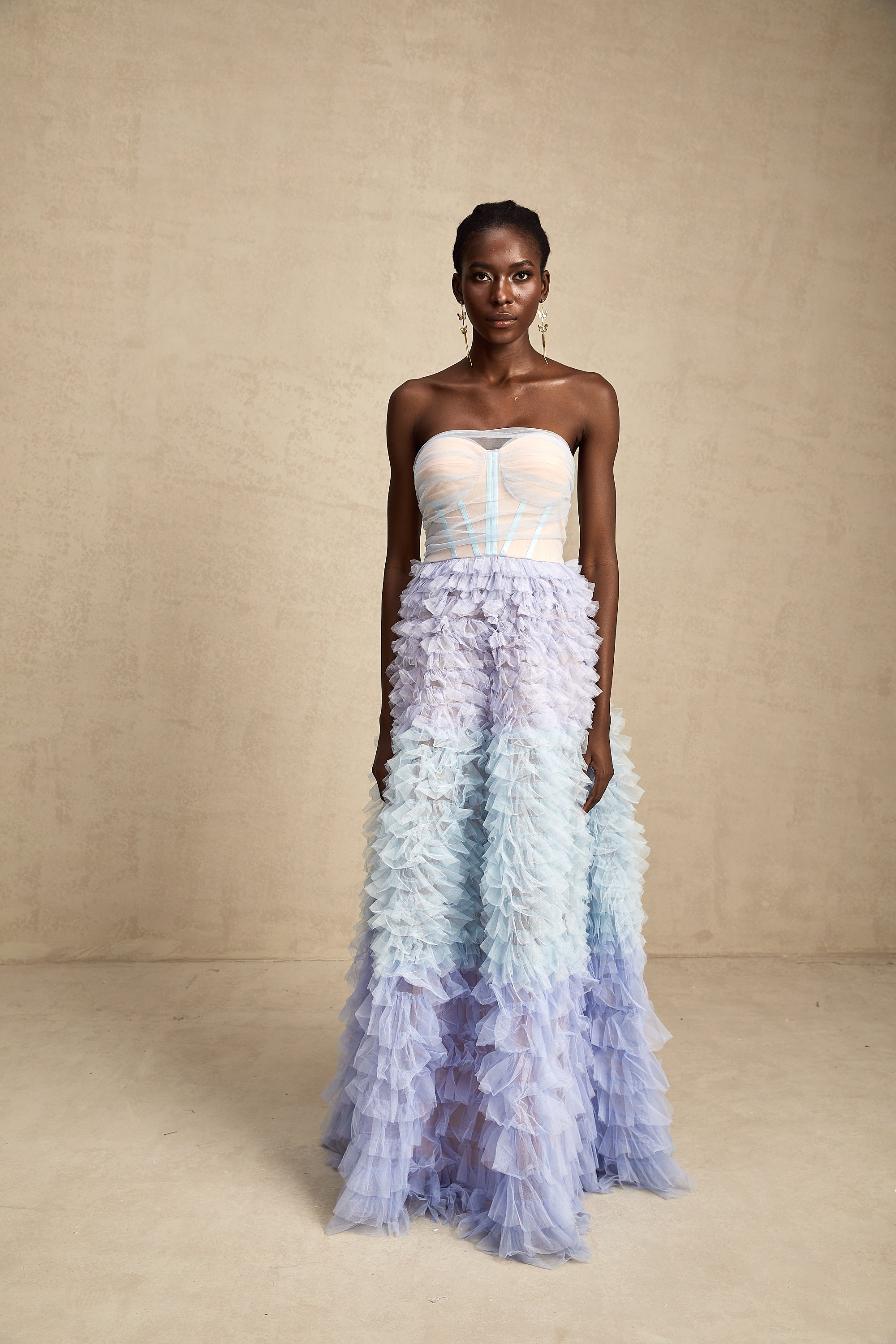 Clarisse blue tulle tiered maxi dress