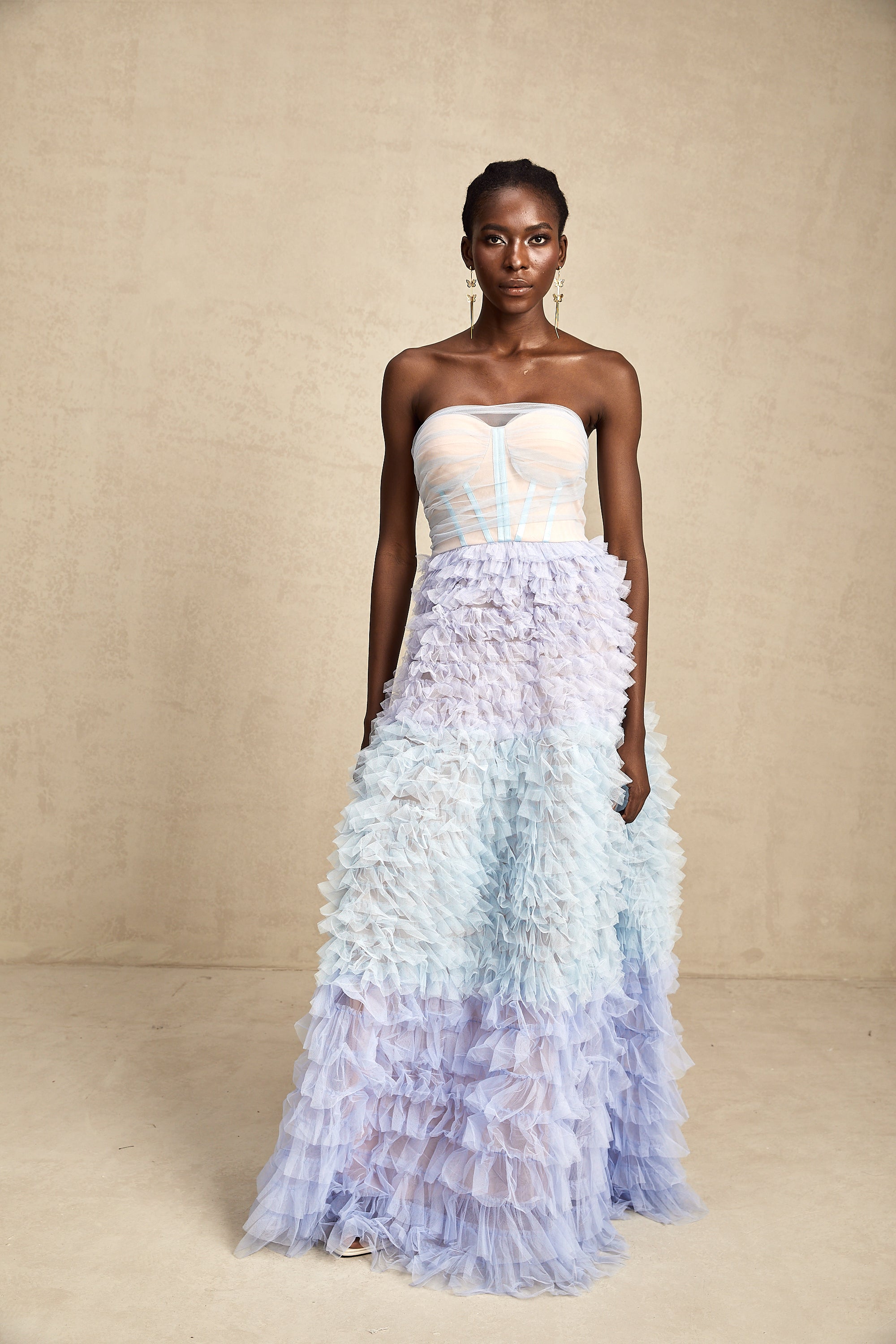 Clarisse blue tulle tiered maxi dress