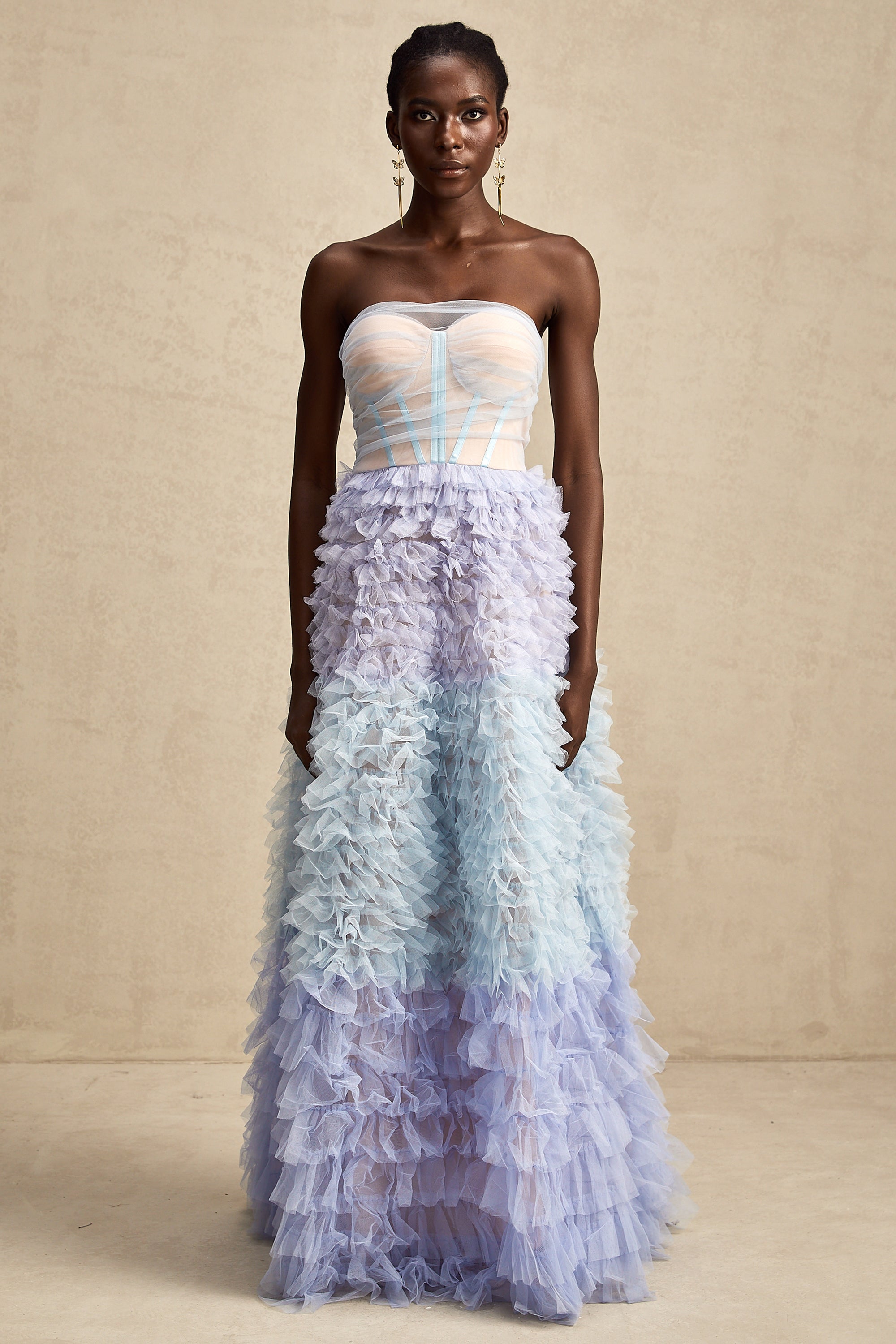 Clarisse blue tulle tiered maxi dress