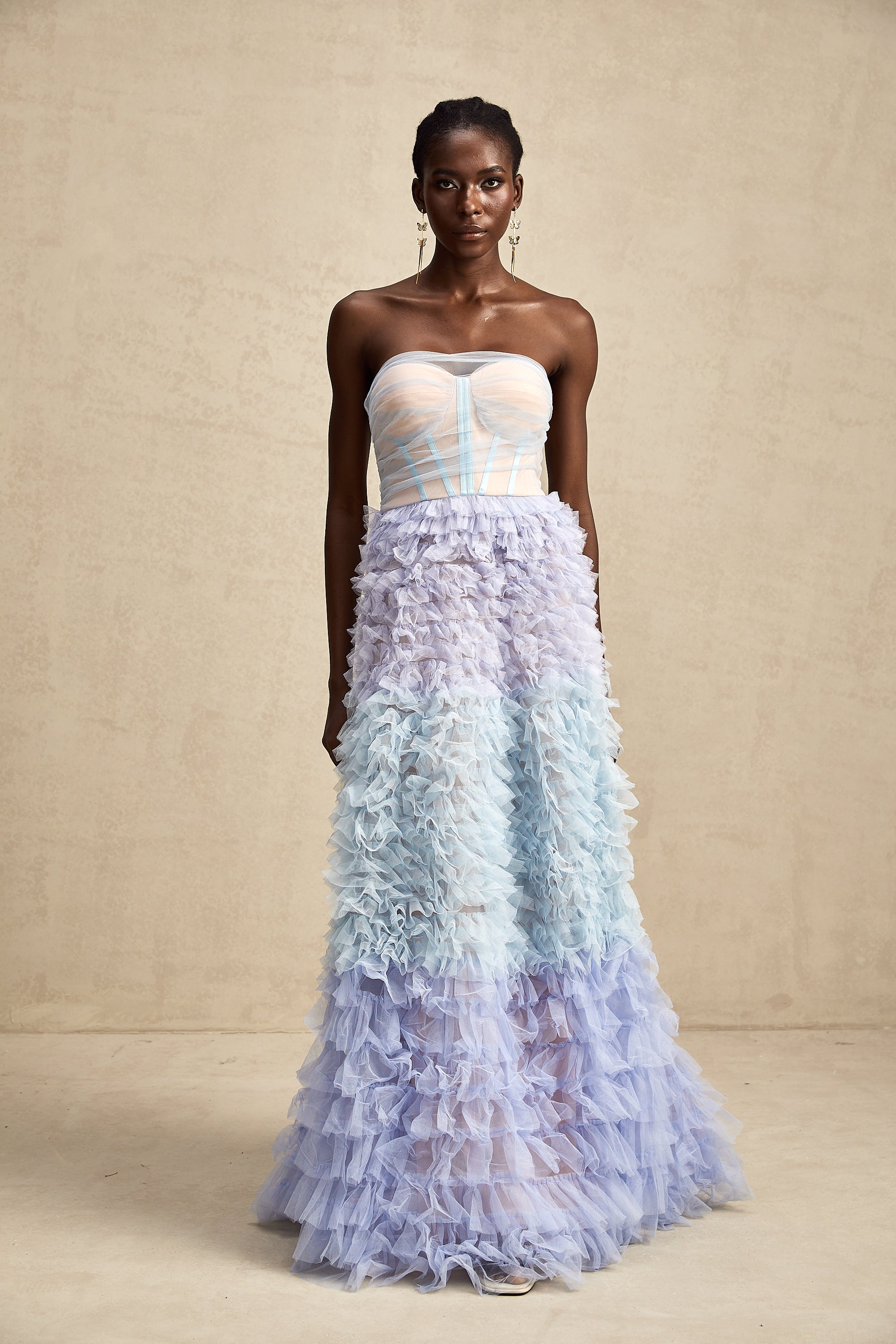 Clarisse blue tulle tiered maxi dress