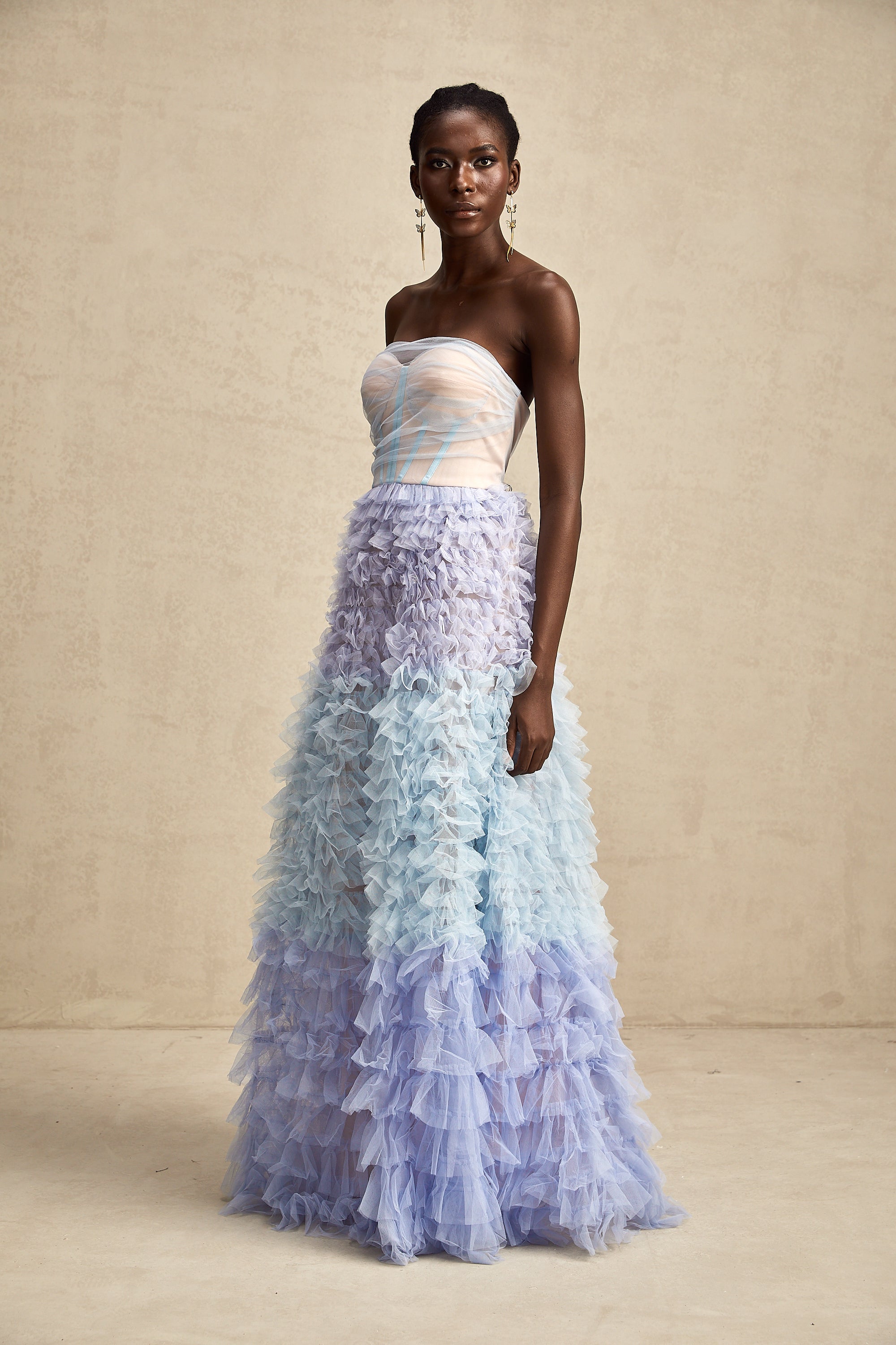 Clarisse blue tulle tiered maxi dress