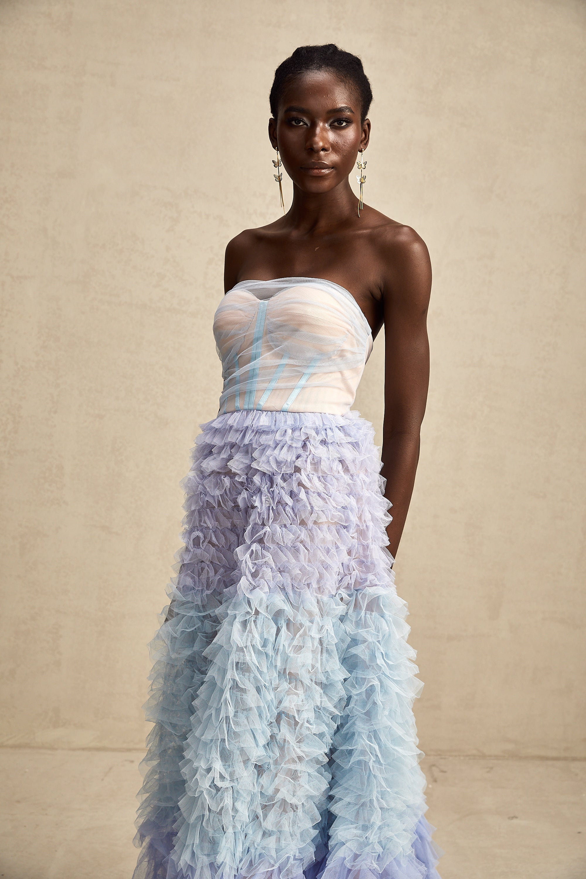 Clarisse blue tulle tiered maxi dress