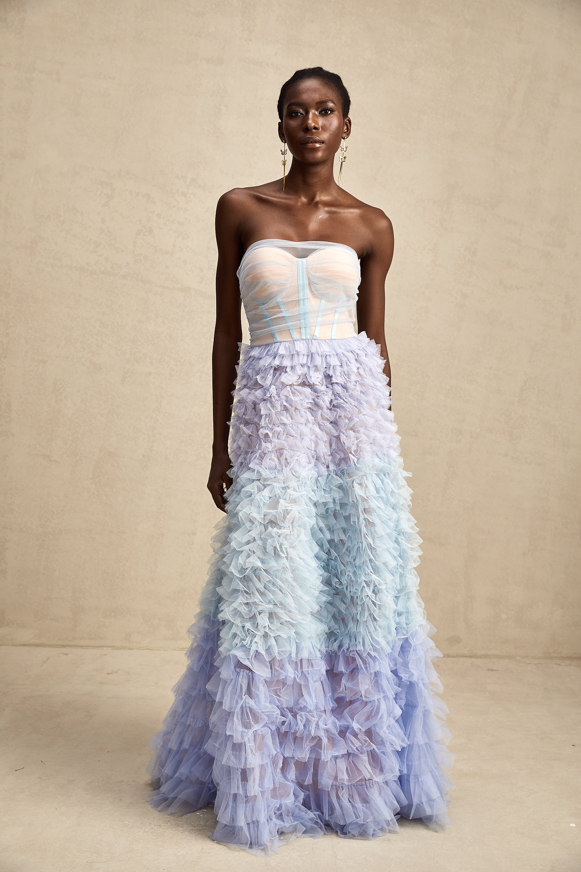 Clarisse blue tulle tiered maxi dress