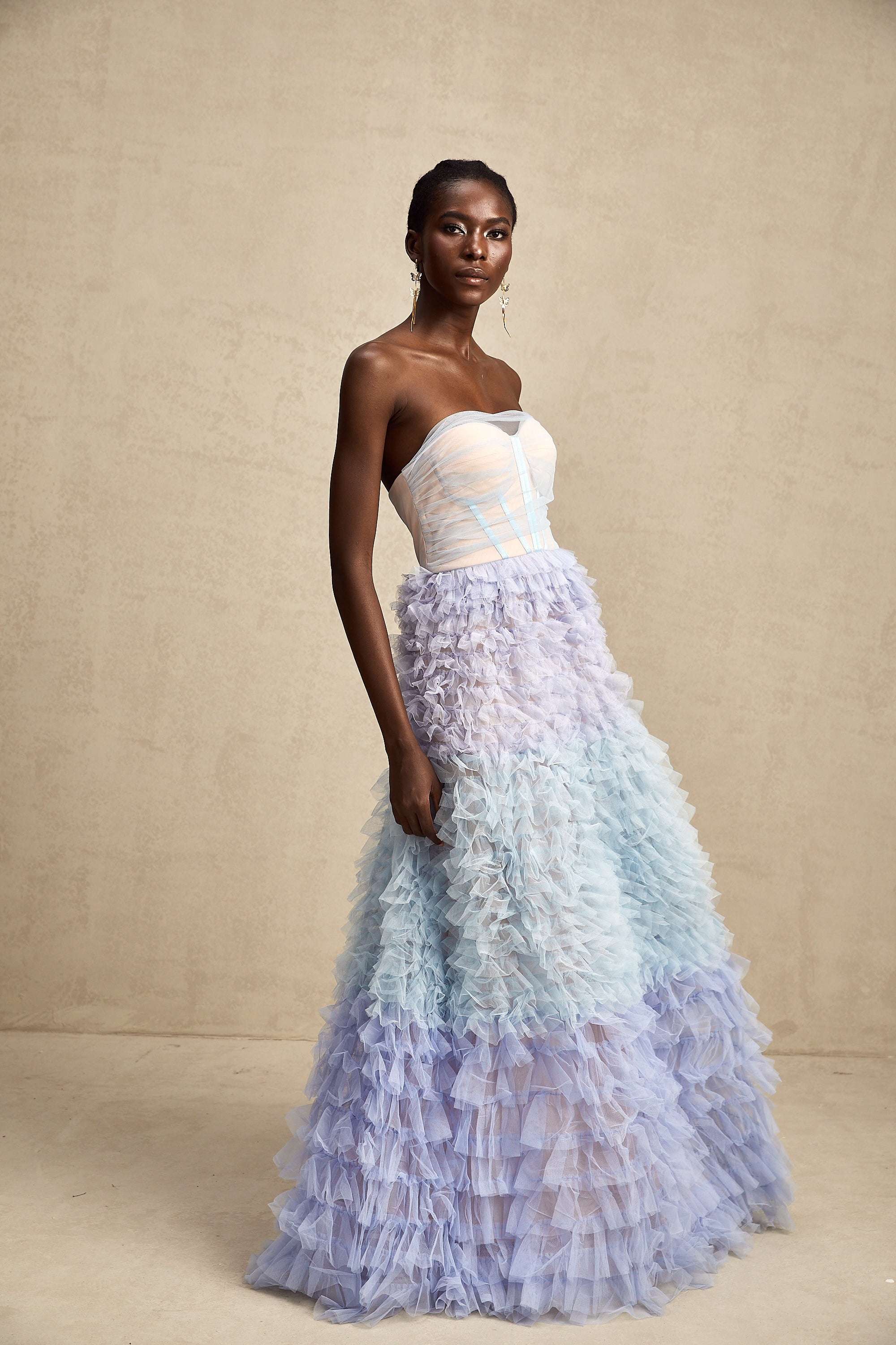 Clarisse blue tulle tiered maxi dress