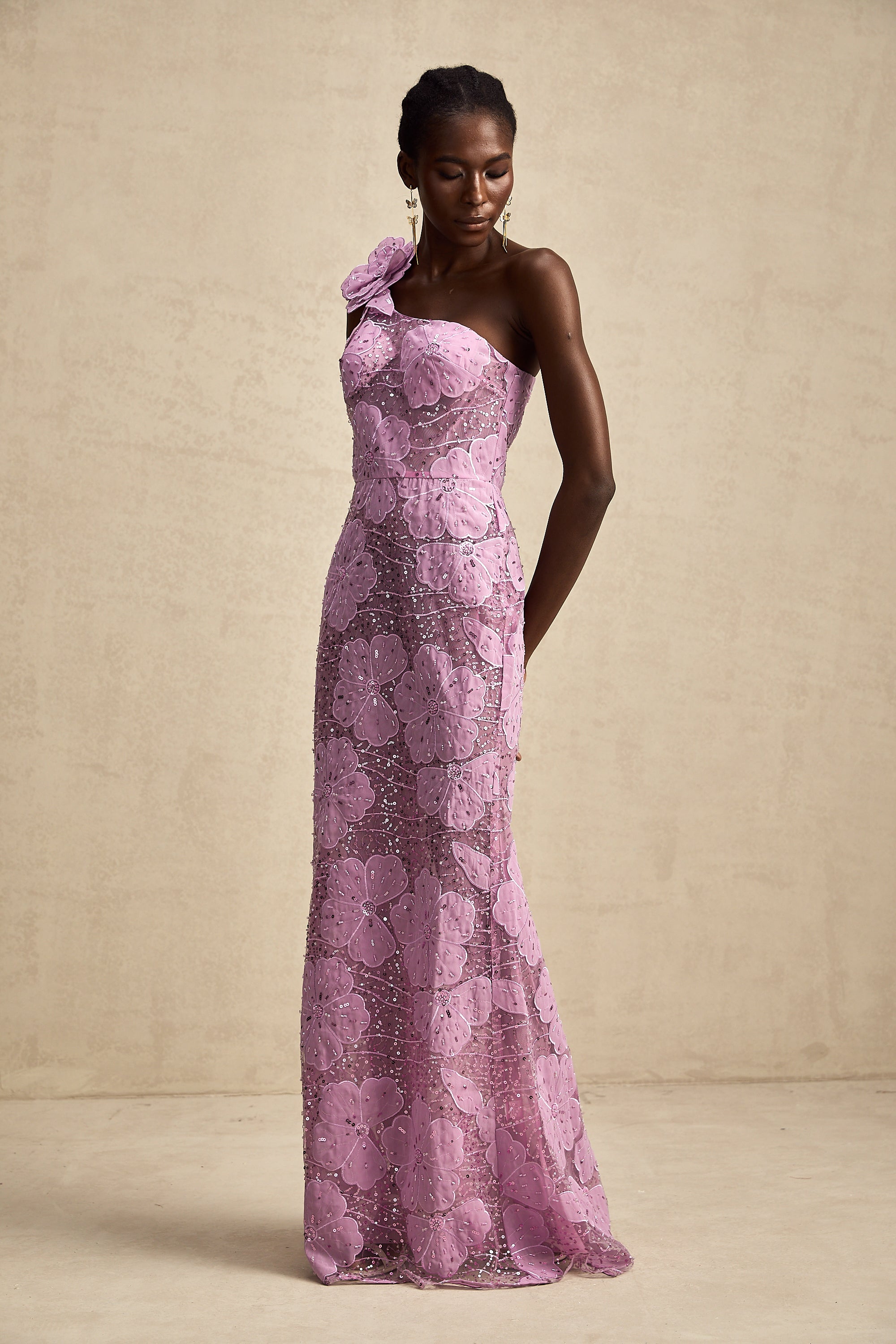 Béatrice purple floral-appliqué maxi dress