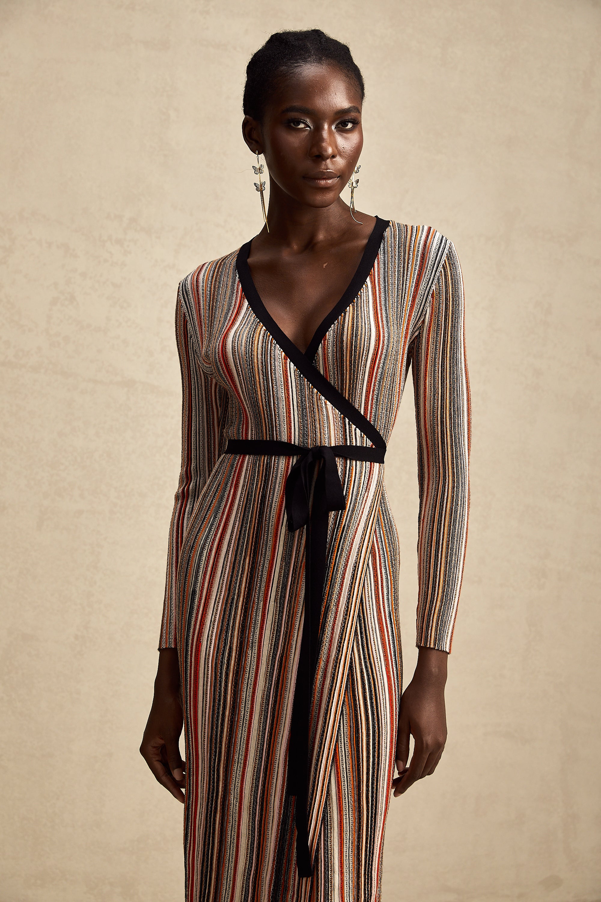 Adèle stripe wrap-design metallic midi dress