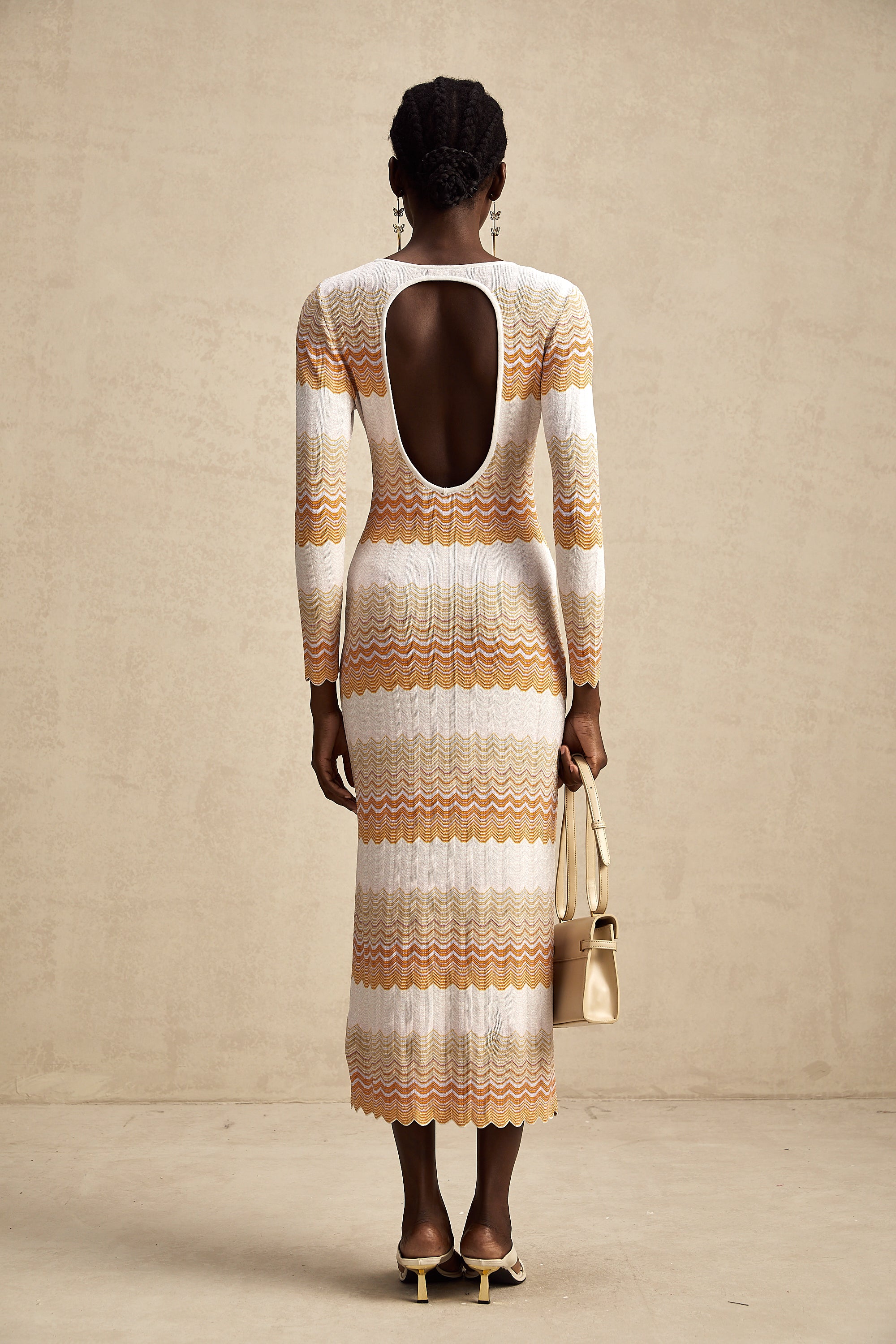 Alizée orange stripe-pattern metallic midi dress