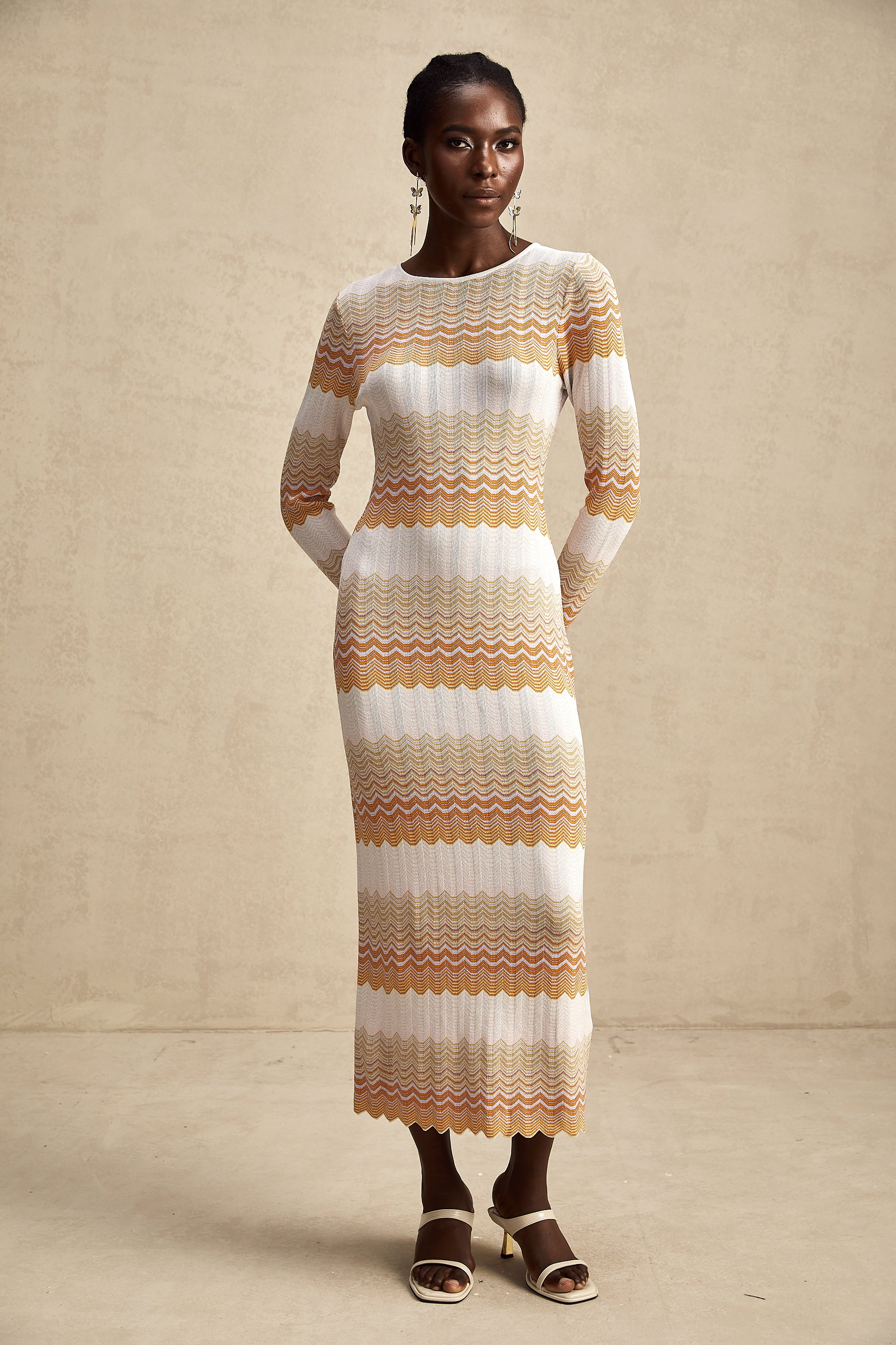 Alizée orange stripe-pattern metallic midi dress