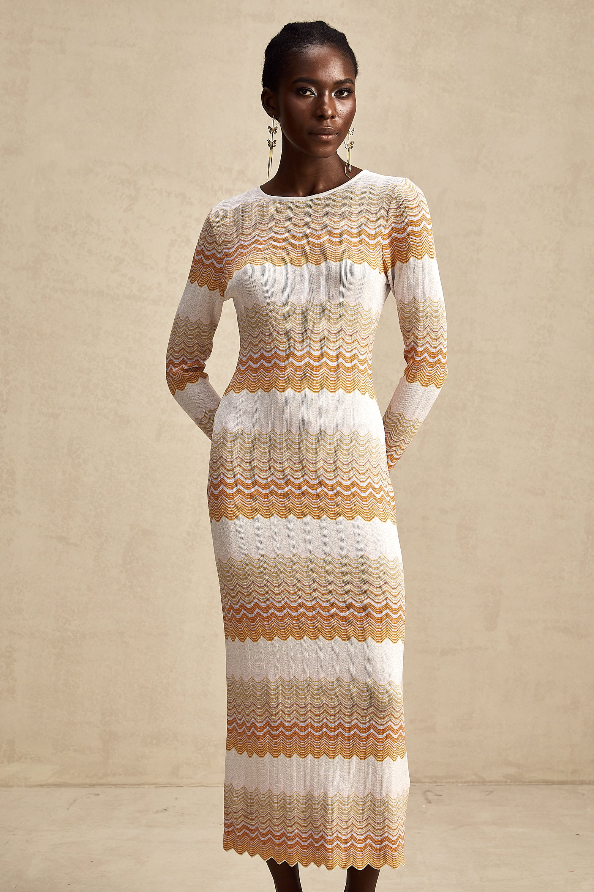 Alizée orange stripe-pattern metallic midi dress