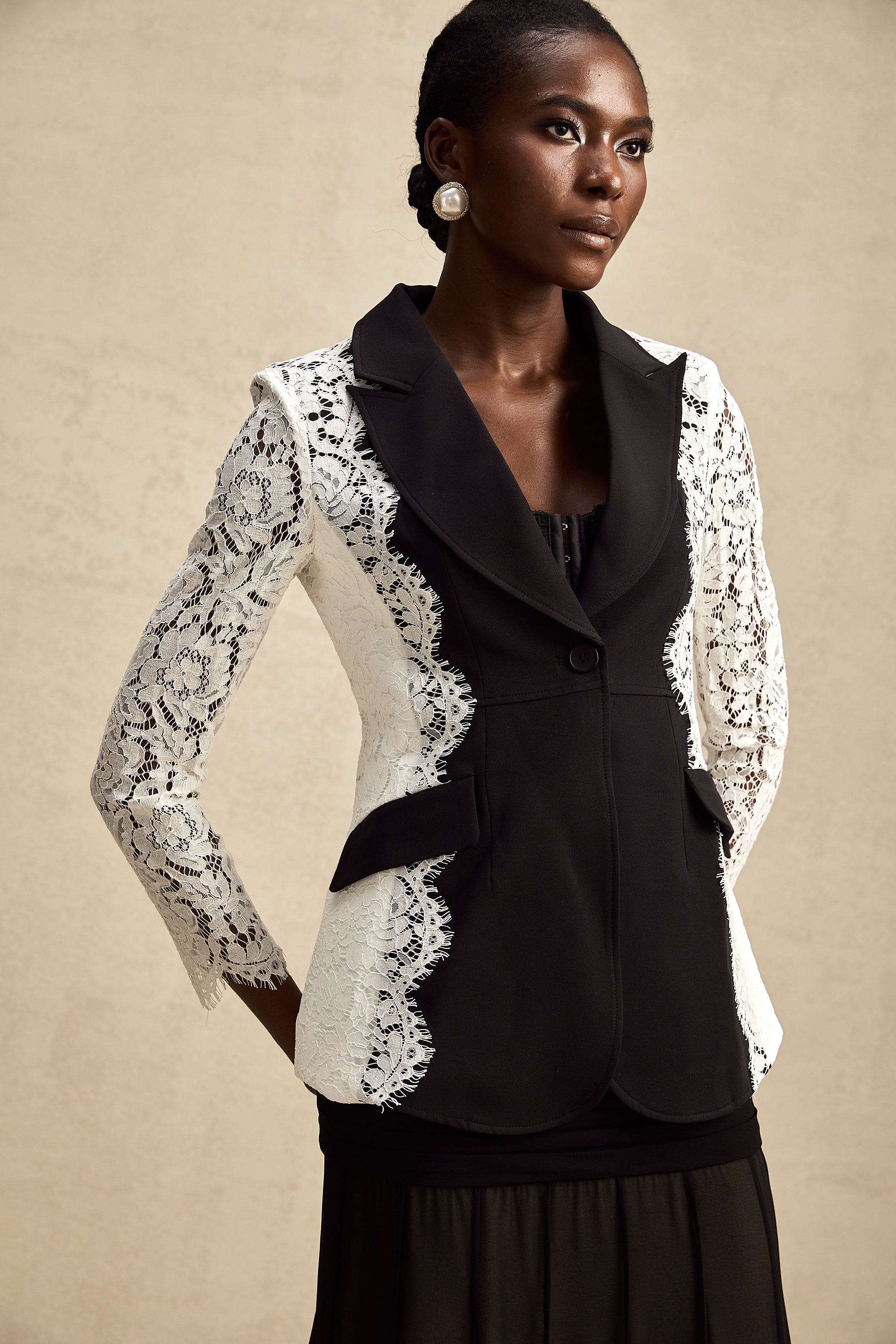 Sandrine color-blocked lace-trimmed blazer