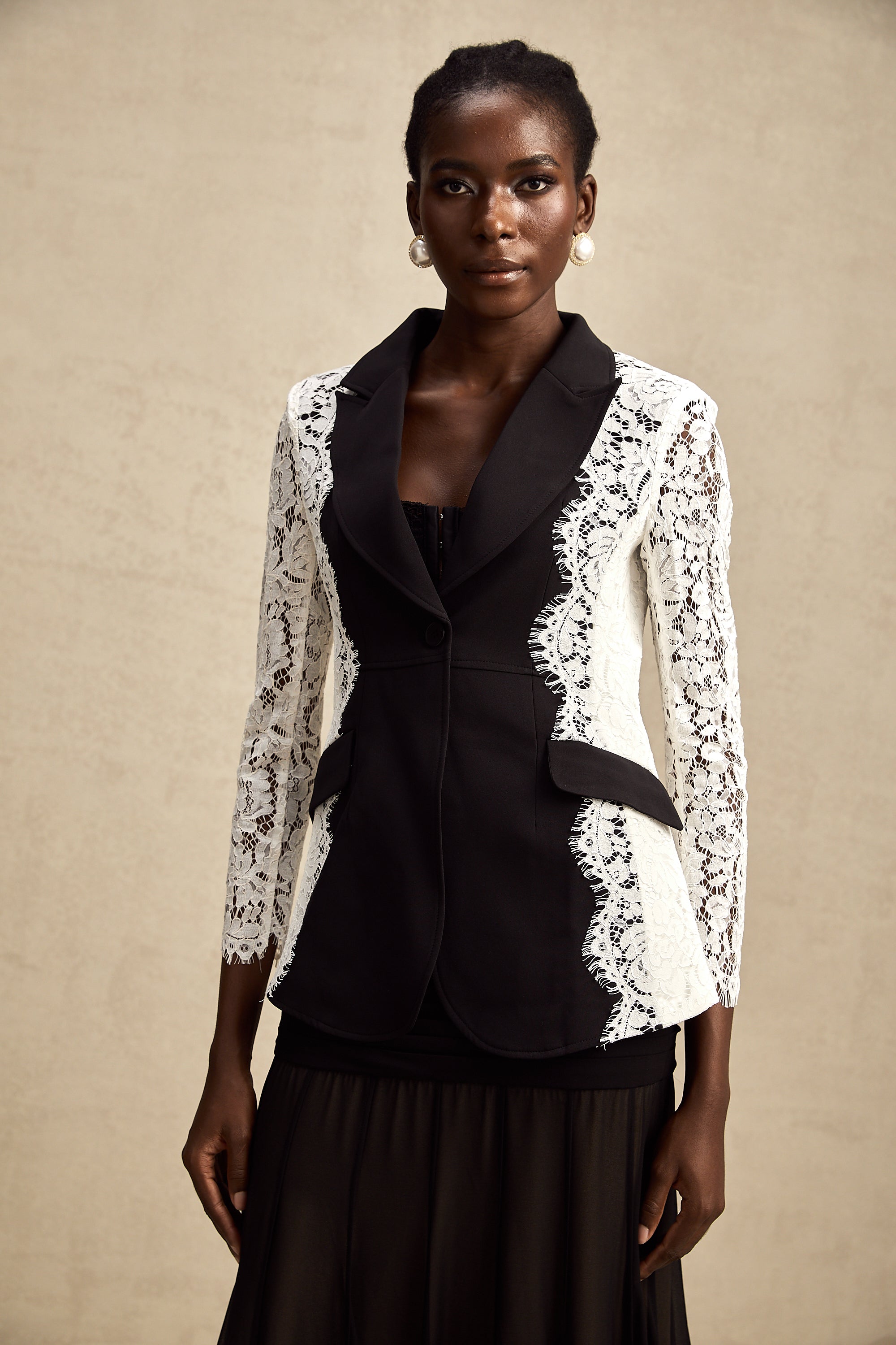 Sandrine color-blocked lace-trimmed blazer