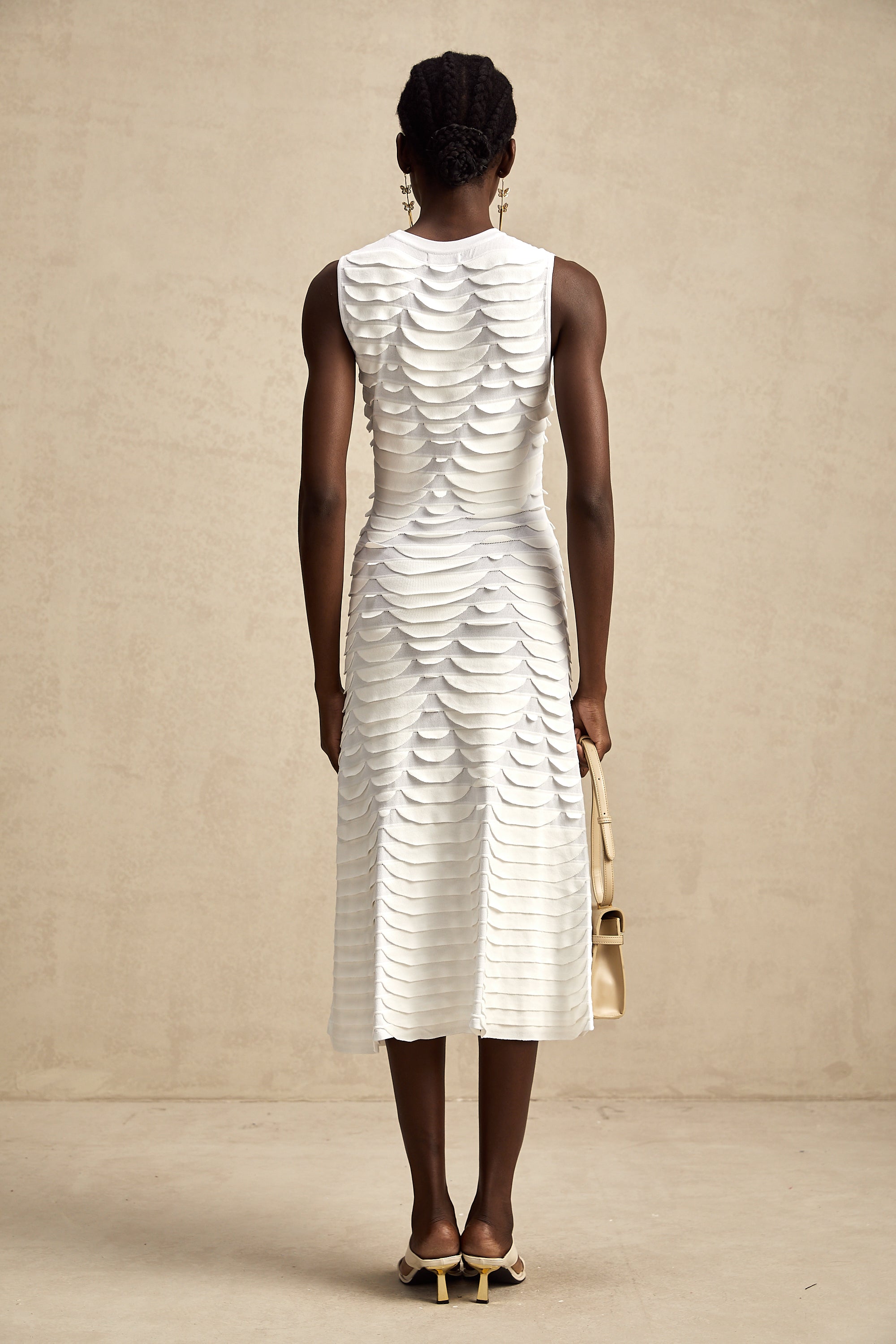 Anna white snake-pattern godet midi dress