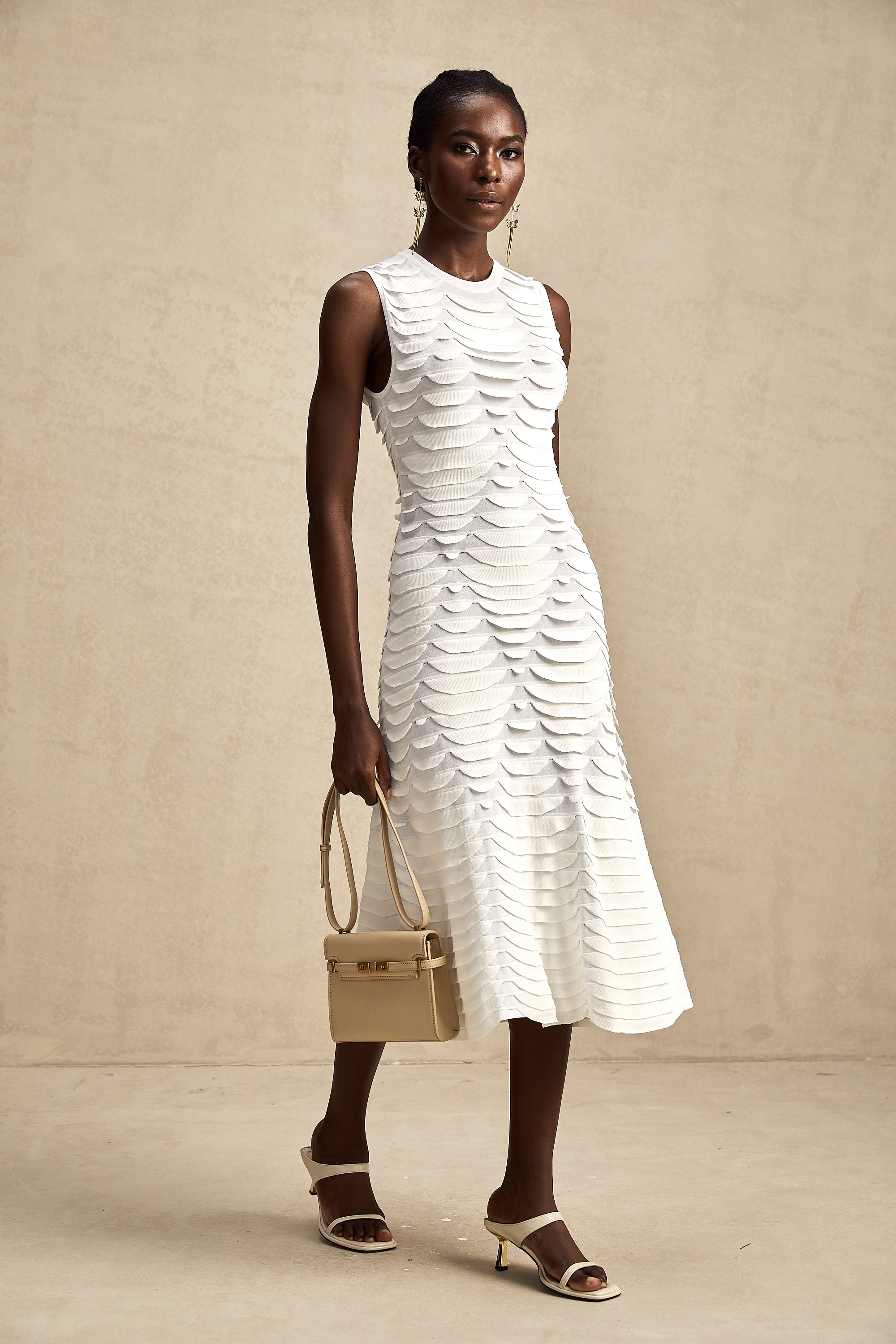 Anna white snake-pattern godet midi dress