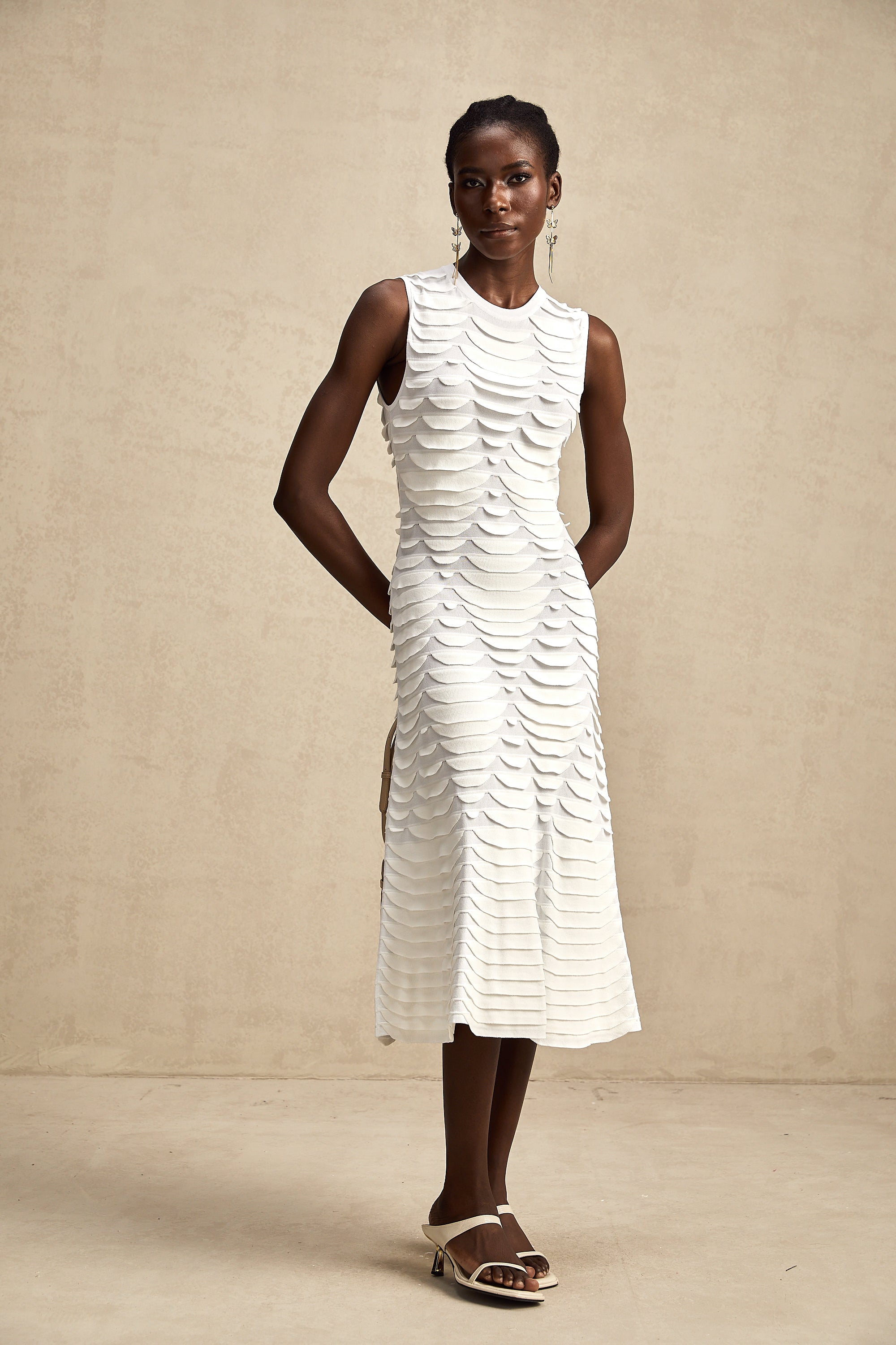 Anna white snake-pattern godet midi dress