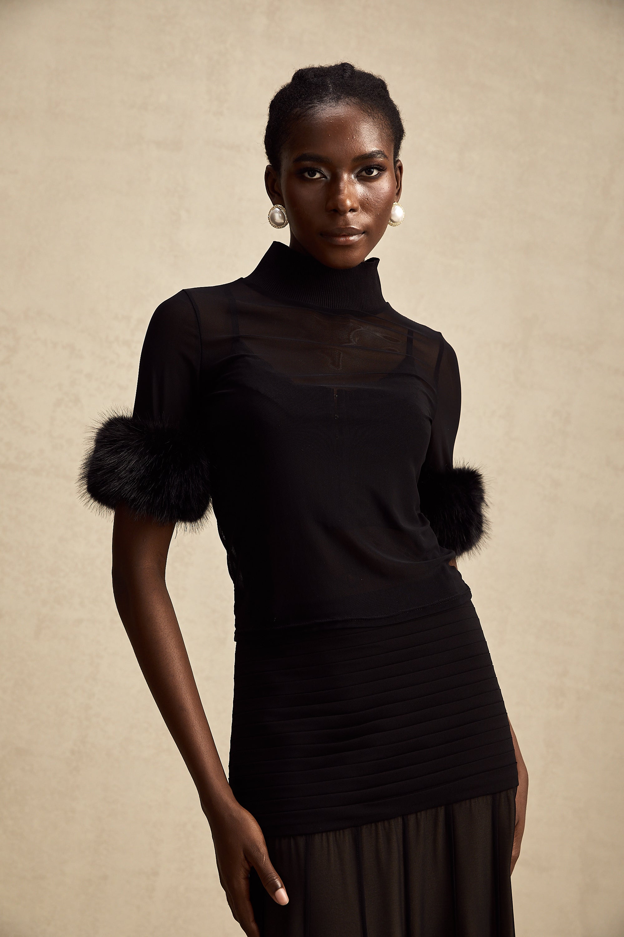 Ségolène black faux-fur tulle top