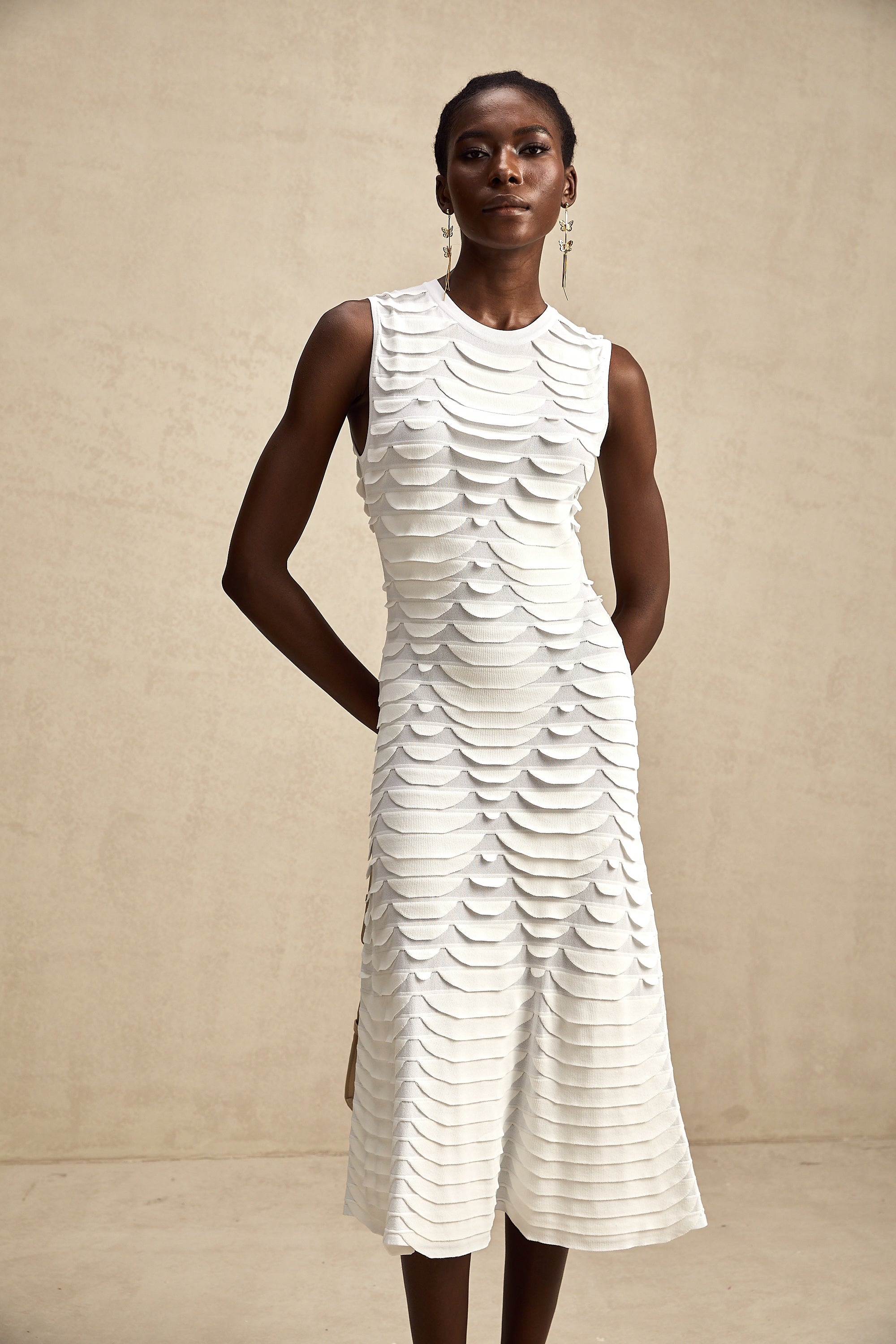 Anna white snake-pattern godet midi dress