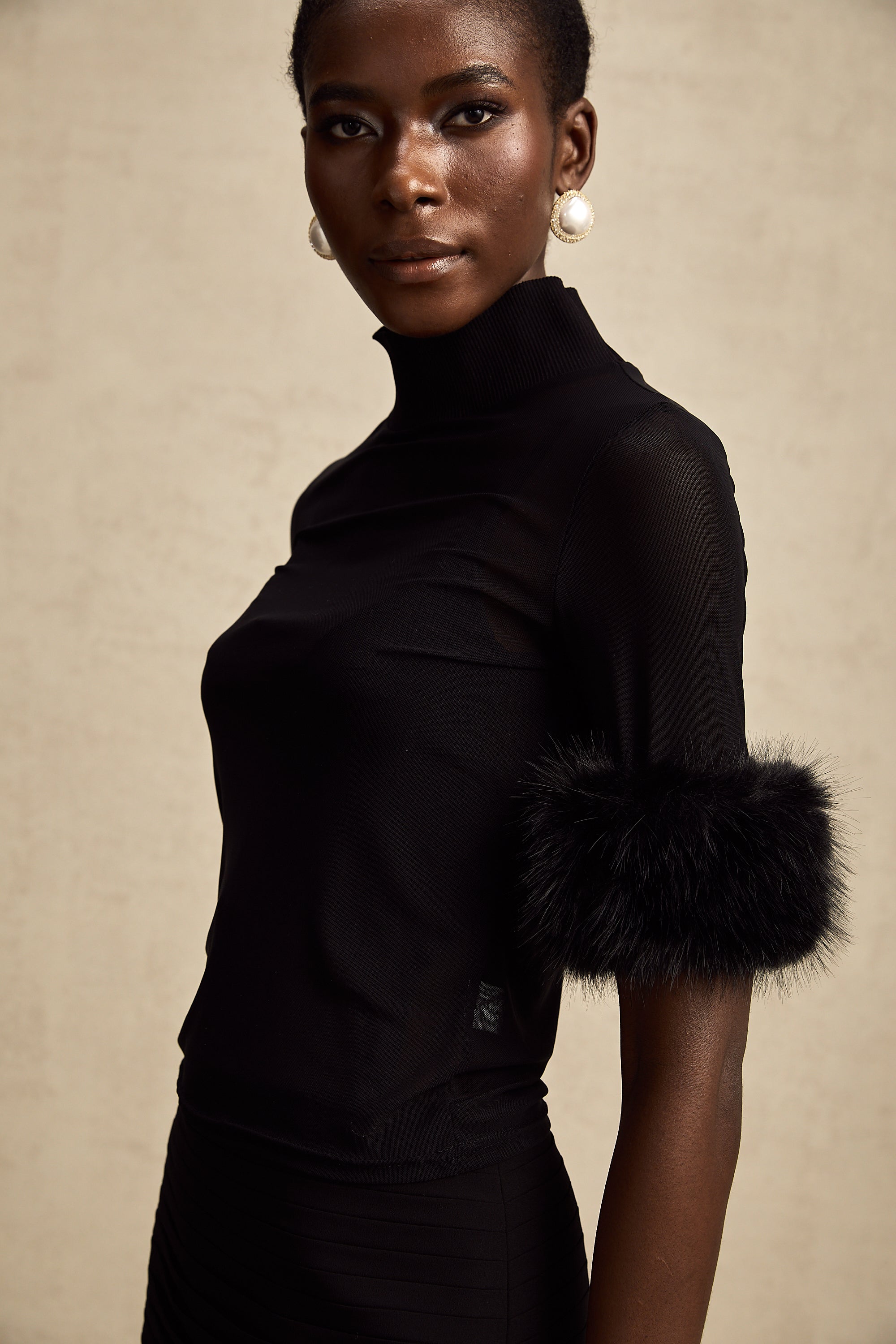 Ségolène black faux-fur tulle top