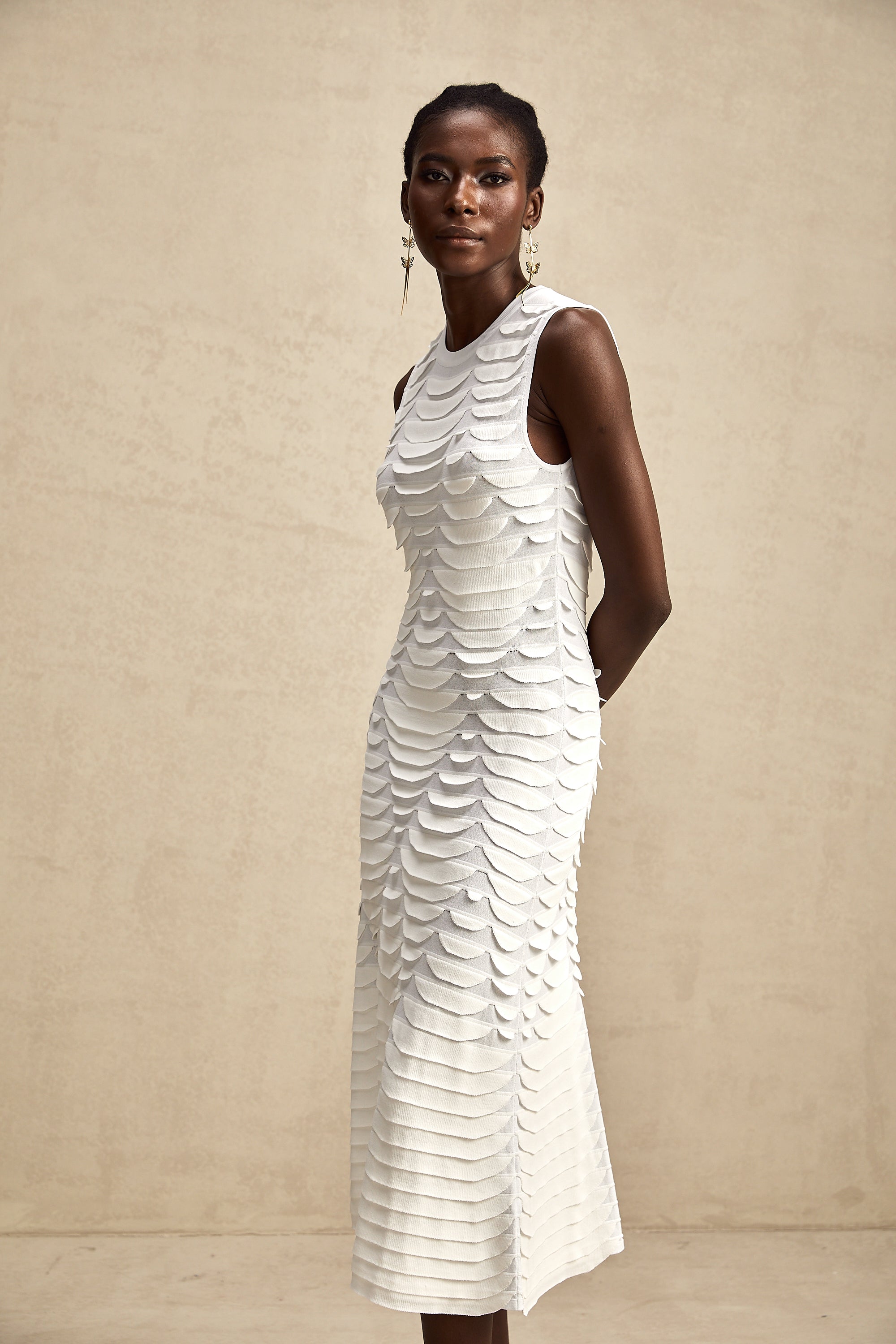 Anna white snake-pattern godet midi dress