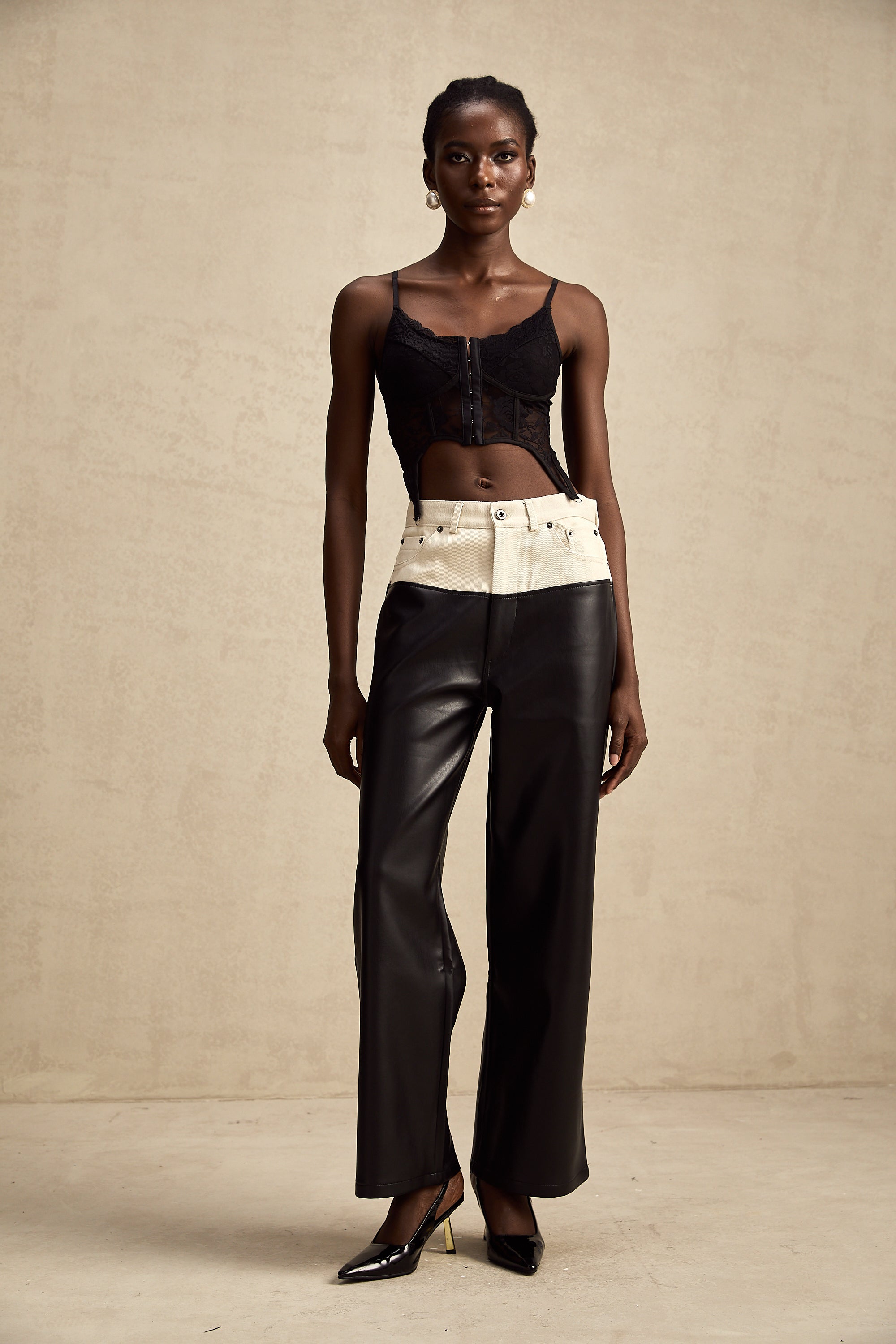 Clotilde contrast-color leather trousers