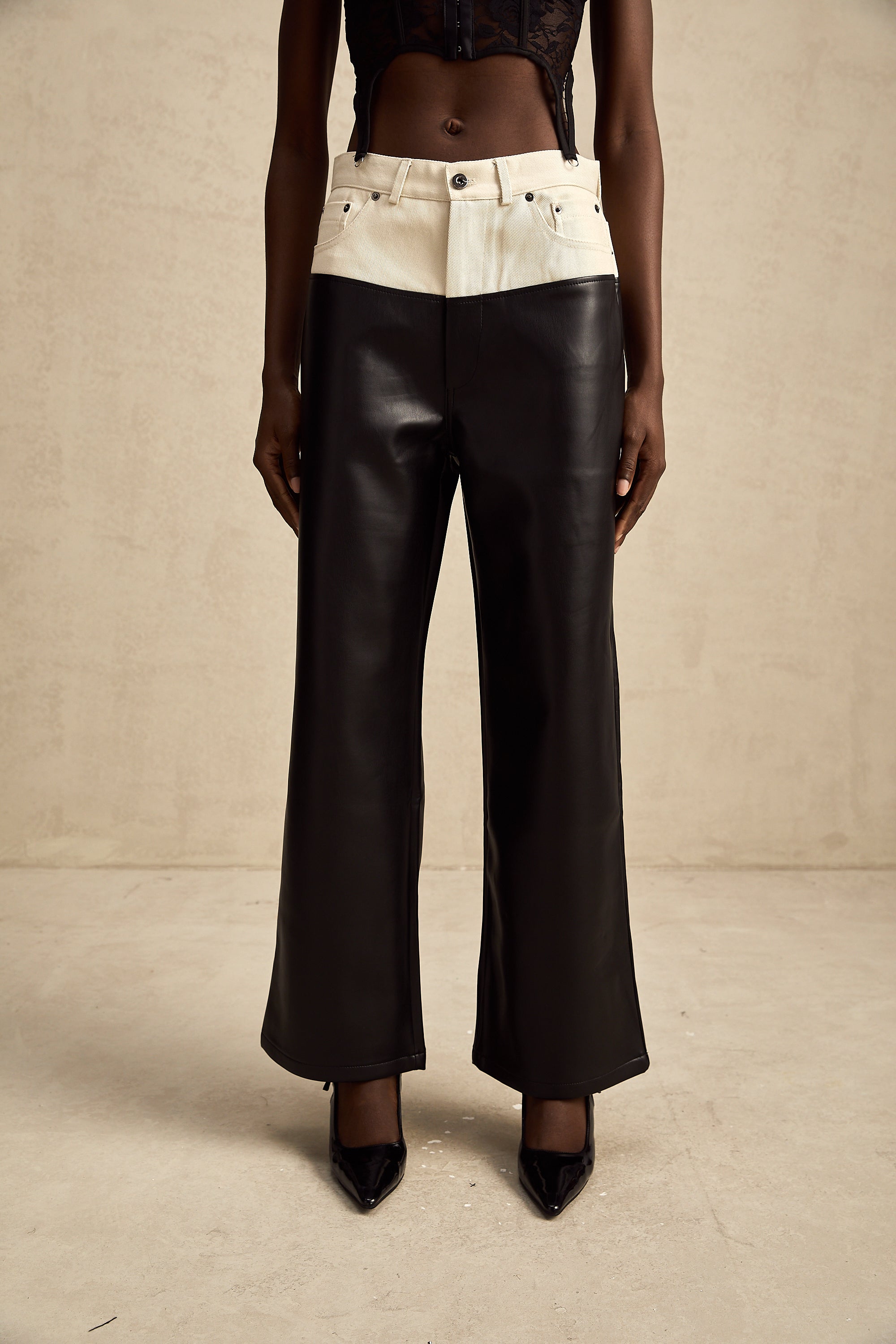 Clotilde contrast-color leather trousers