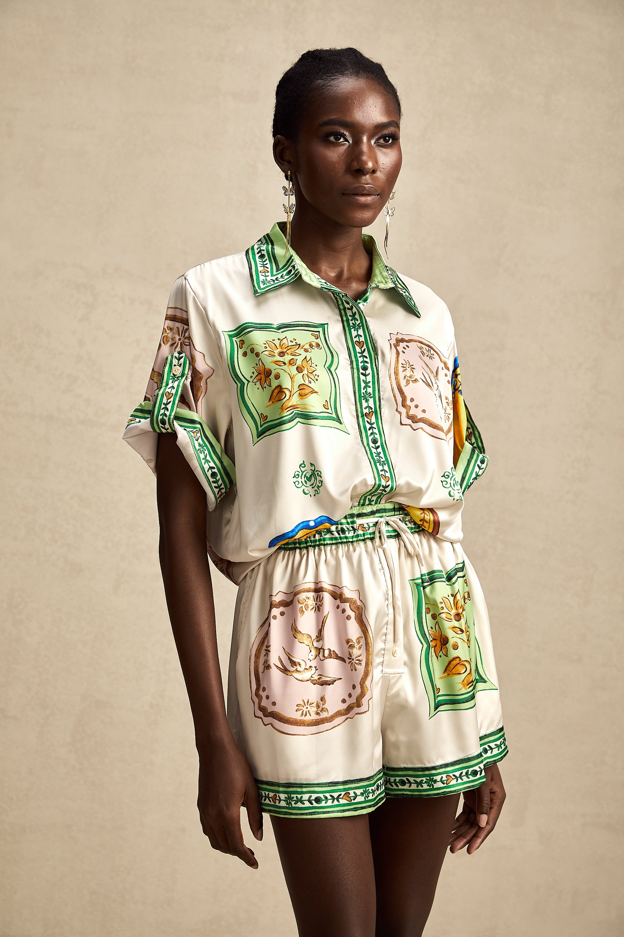 Sibyle graphic-print satin shirt & shorts matching set