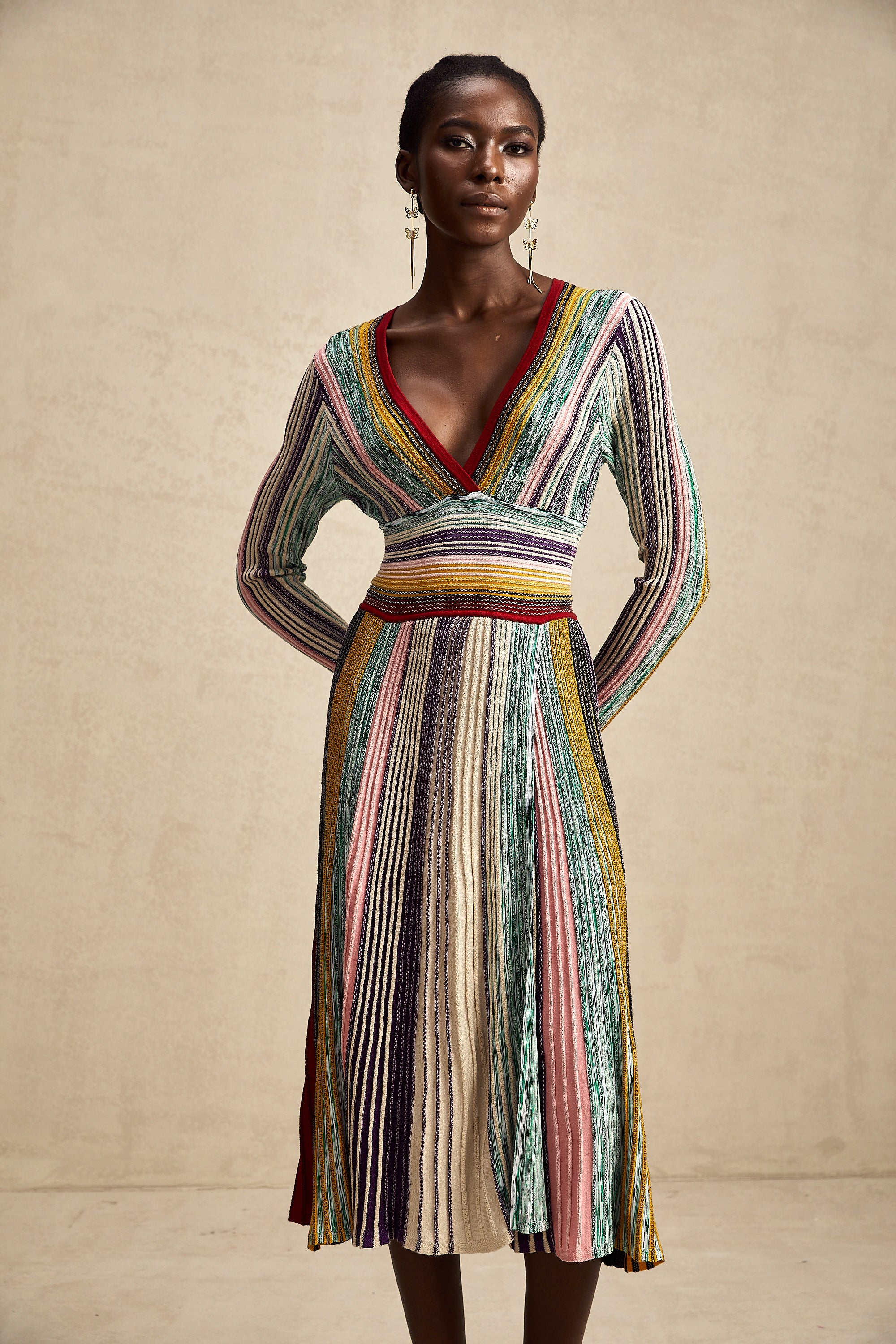 Audrey metallic stripe knitted midi dress