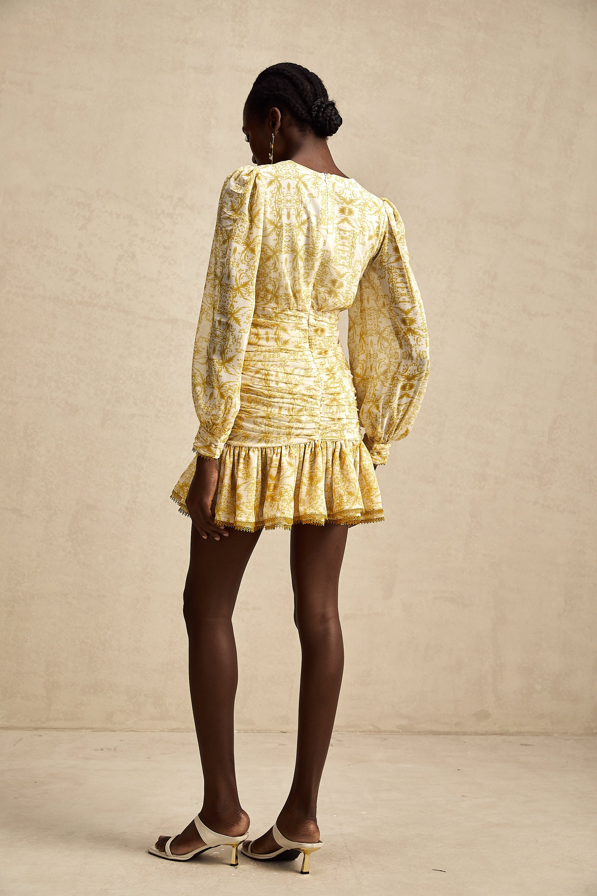 Aude yellow floral-print ruffled pleated mini dress