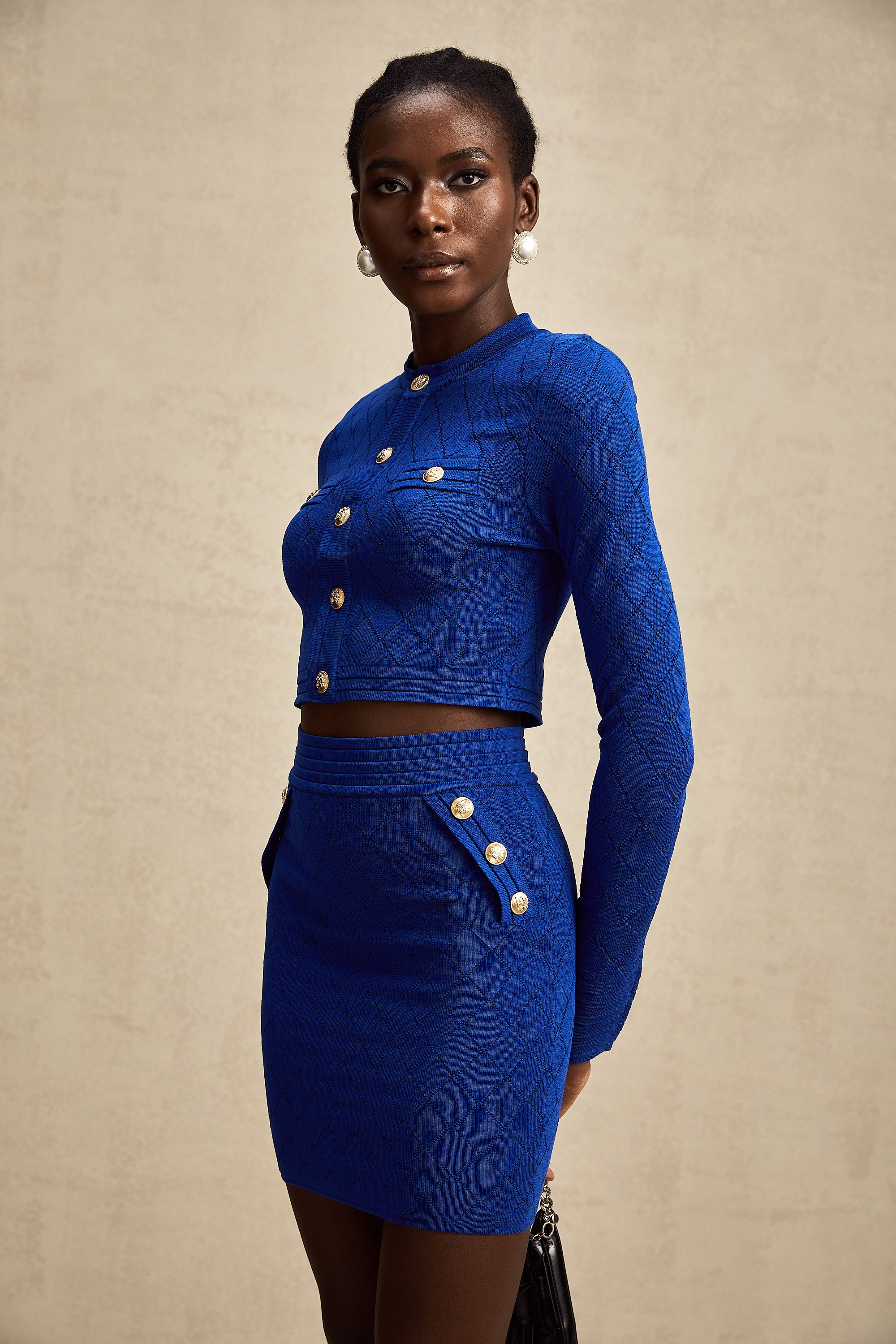 Maëlys blue button-detail knitted top & skirt matching set