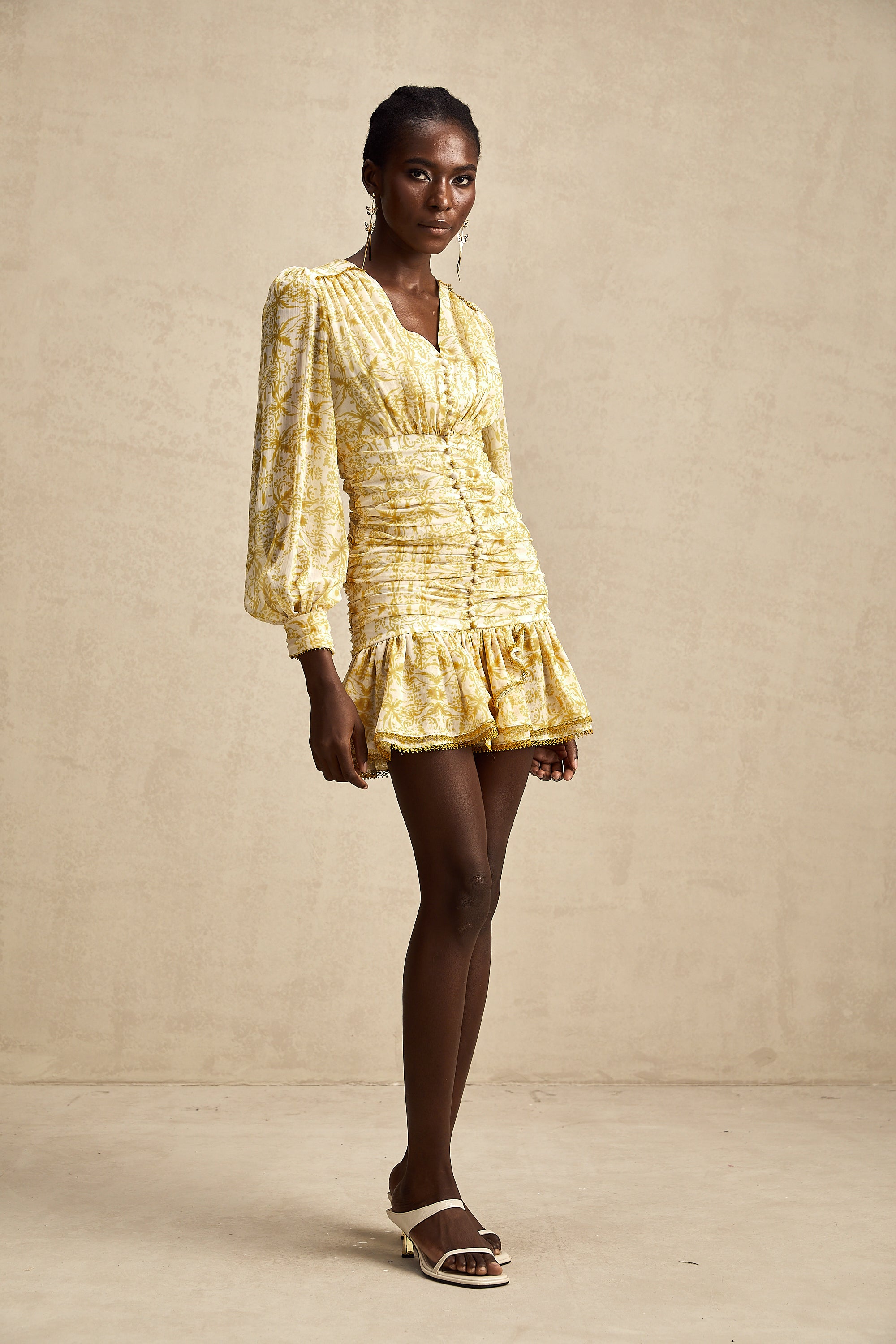 Aude yellow floral-print ruffled pleated mini dress