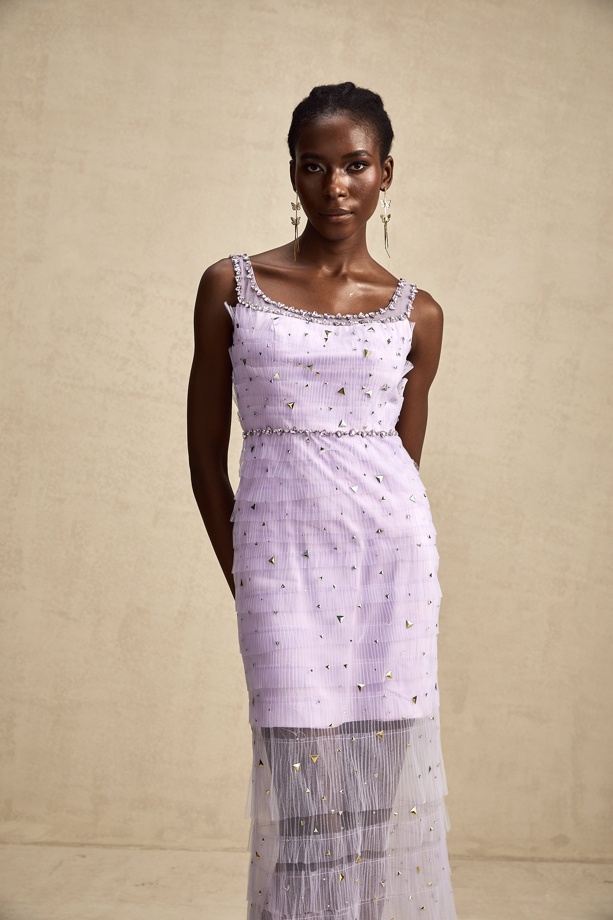 Véronique purple sequined layered midi dress