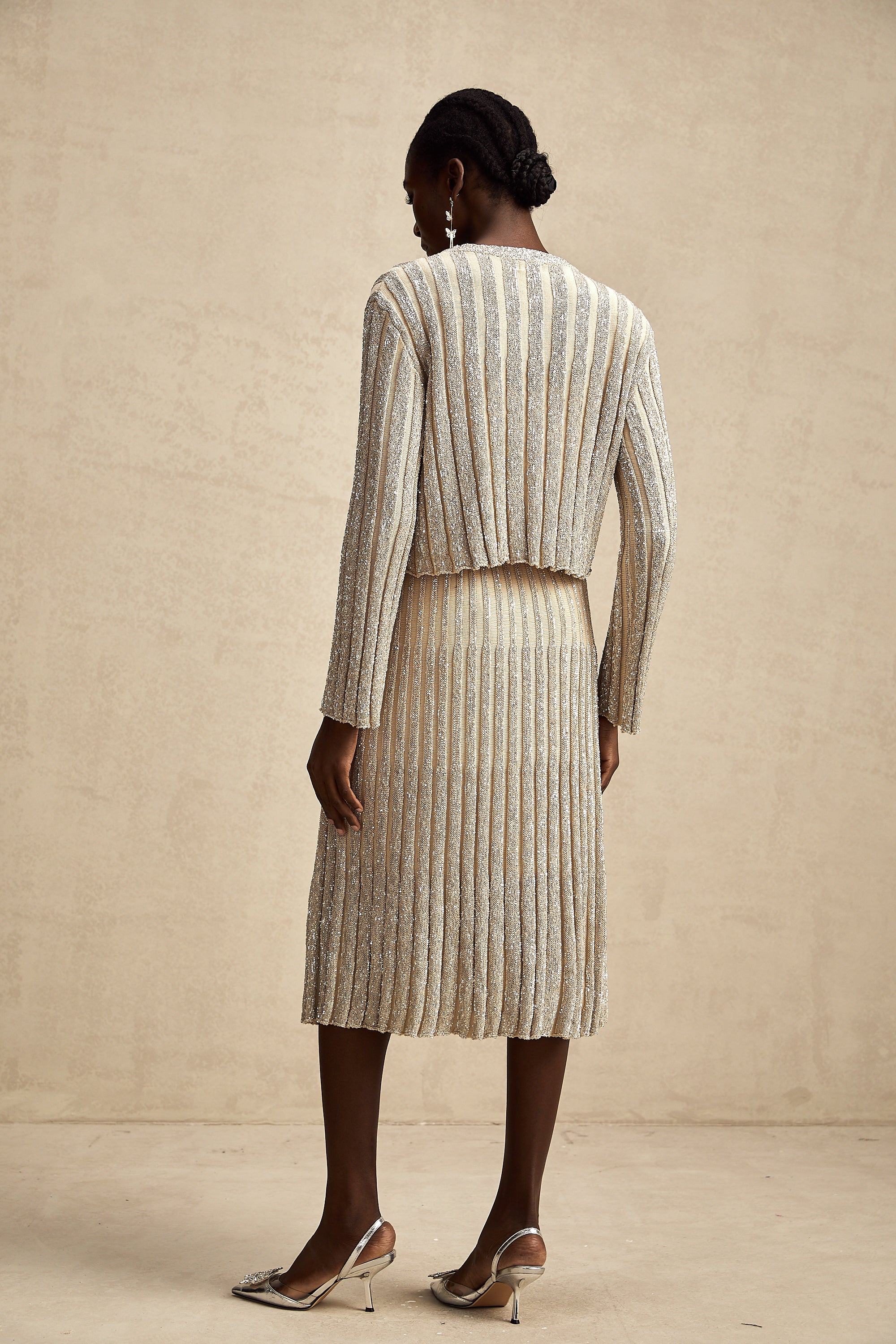 Aurore champagne stripe knit top & skirt matching set