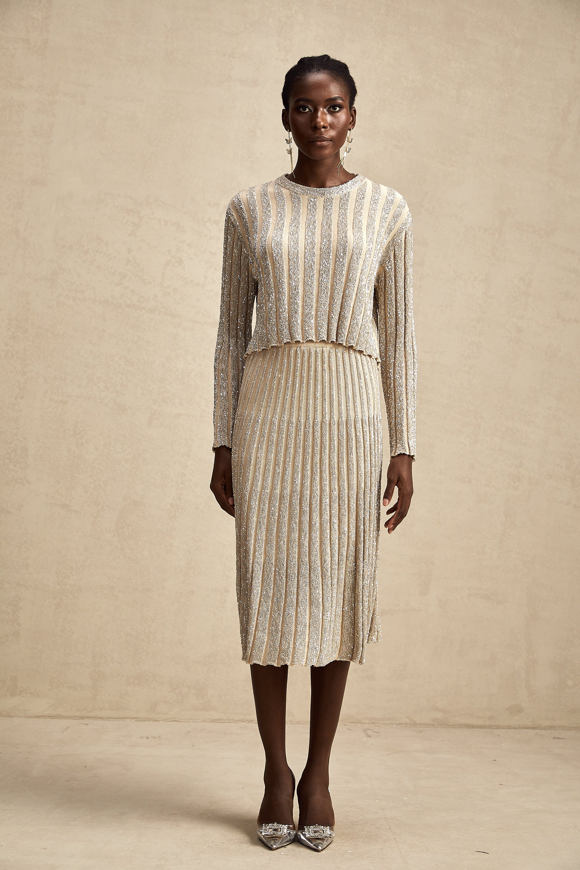 Aurore champagne stripe knit top & skirt matching set