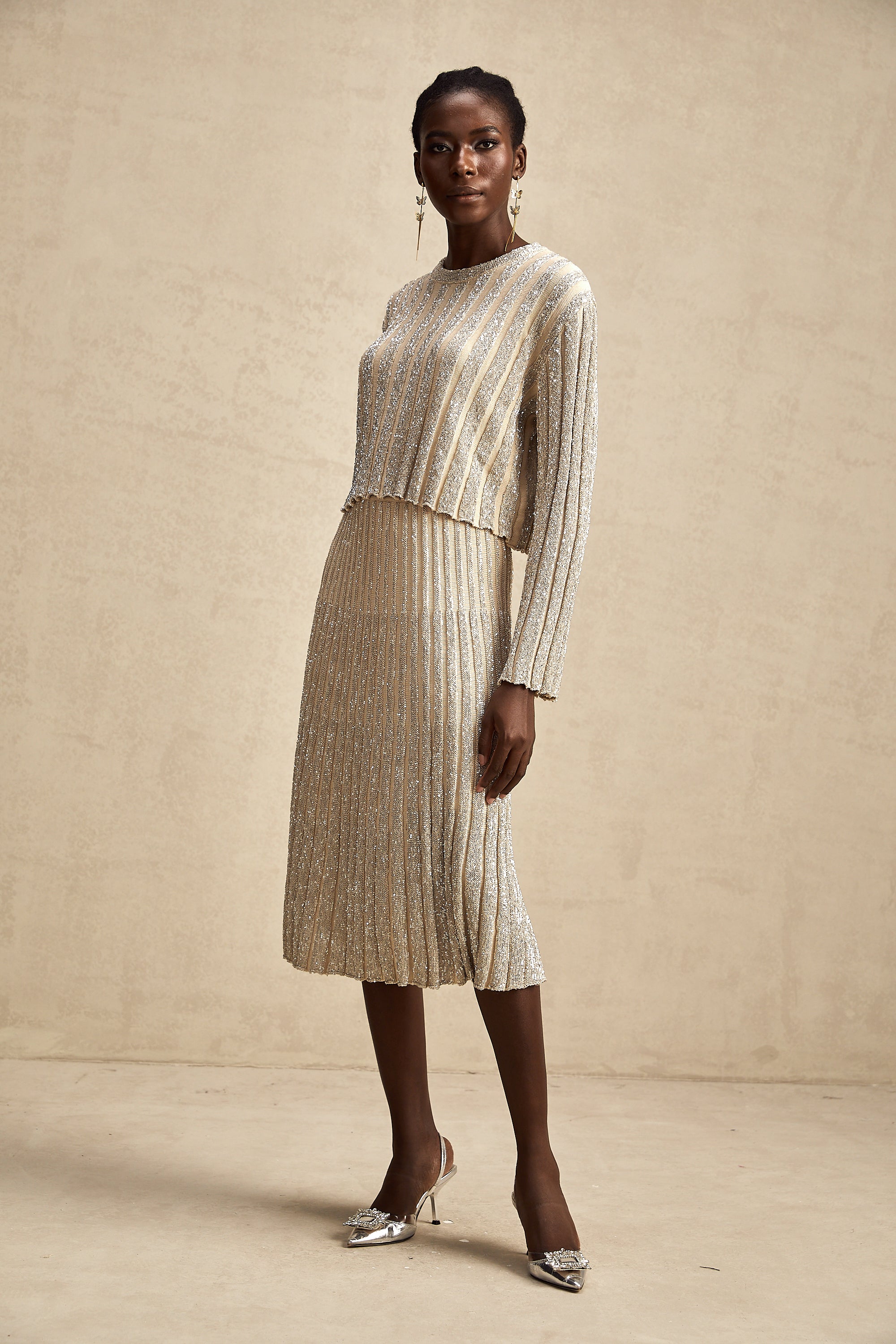 Aurore champagne stripe knit top & skirt matching set