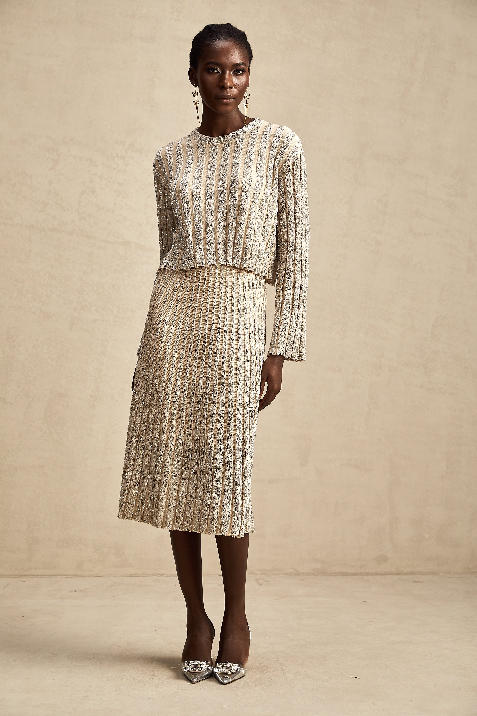 Aurore champagne stripe knit top & skirt matching set