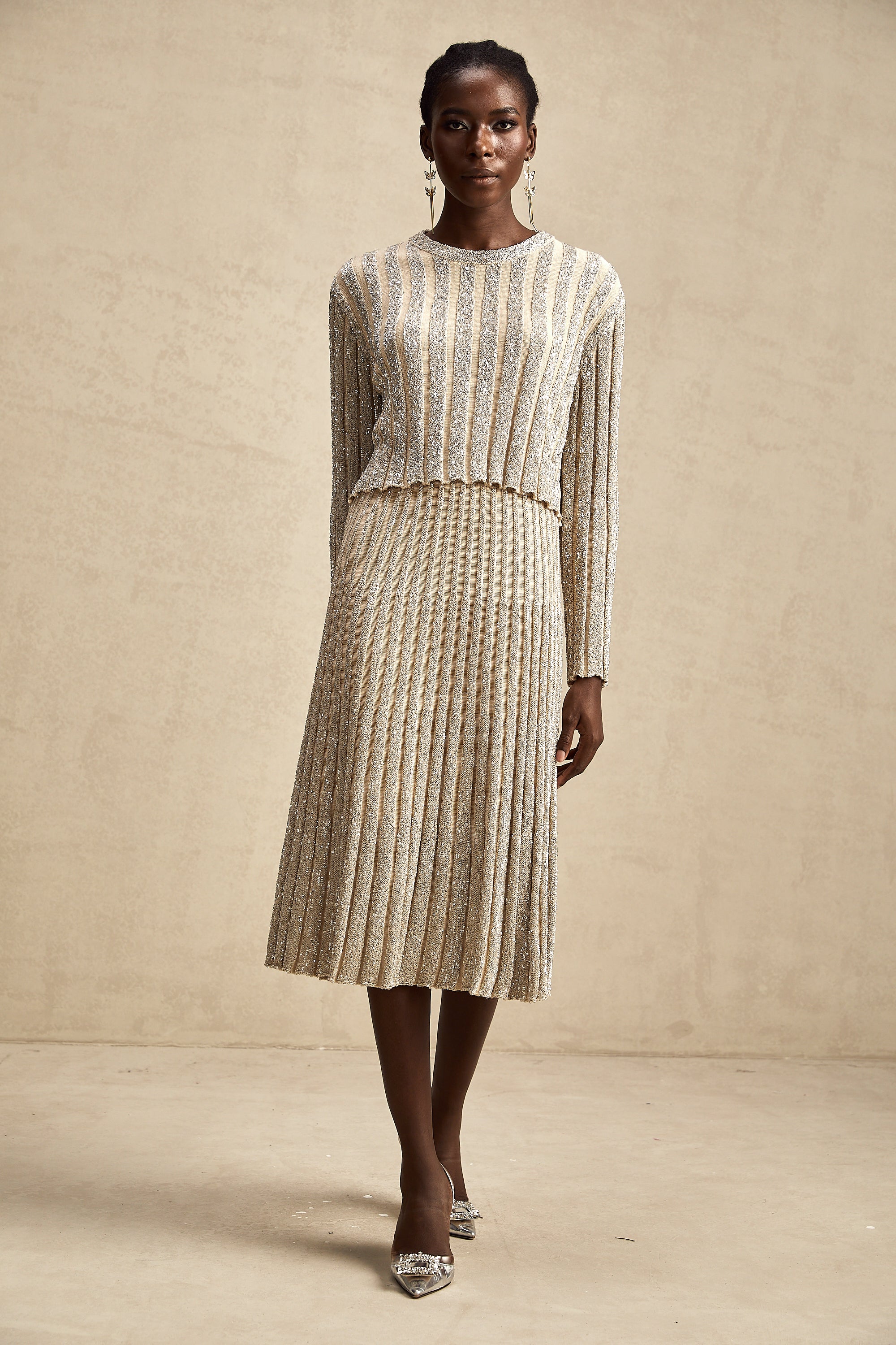 Aurore champagne stripe knit top & skirt matching set