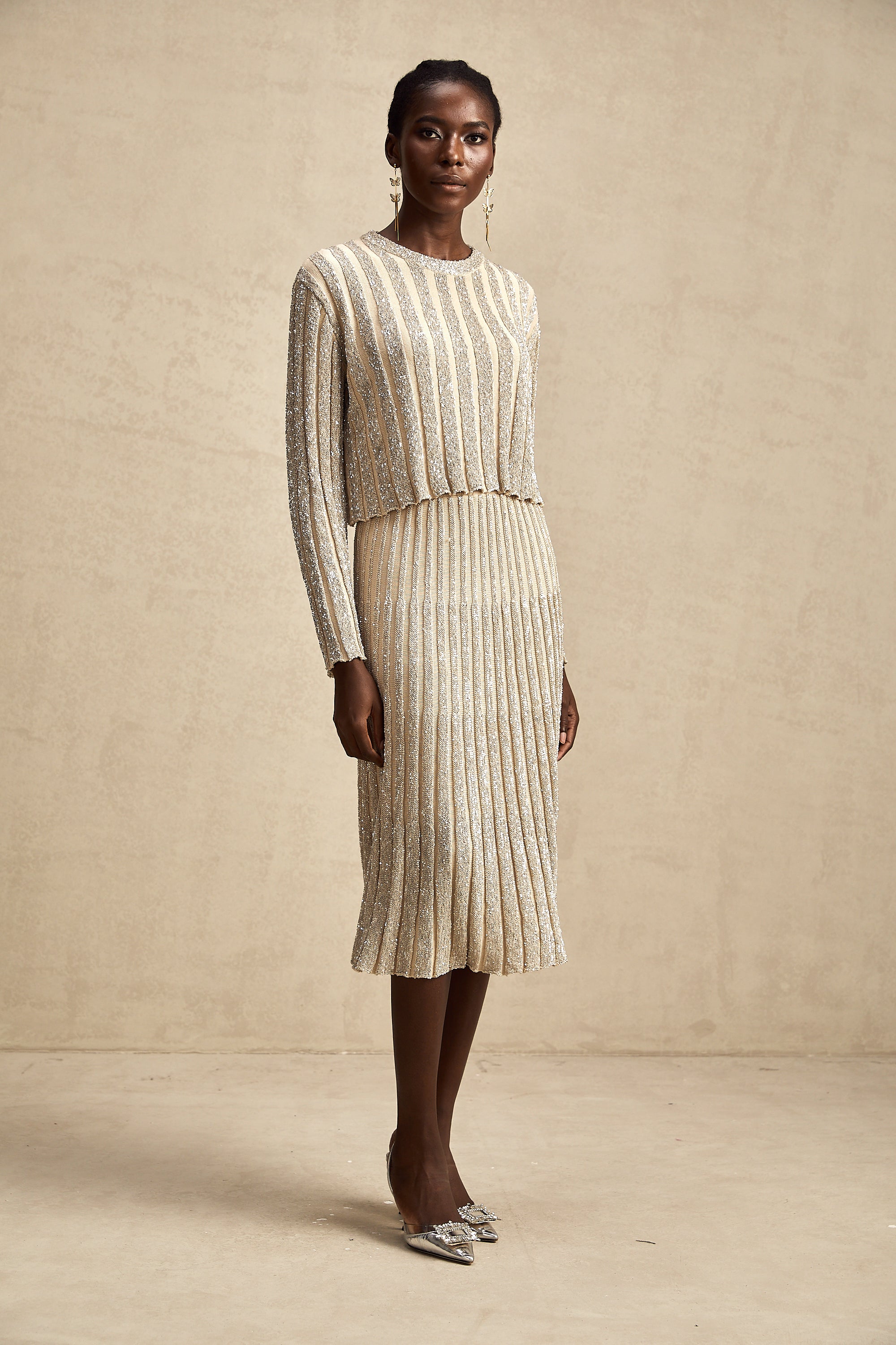 Aurore champagne stripe knit top & skirt matching set