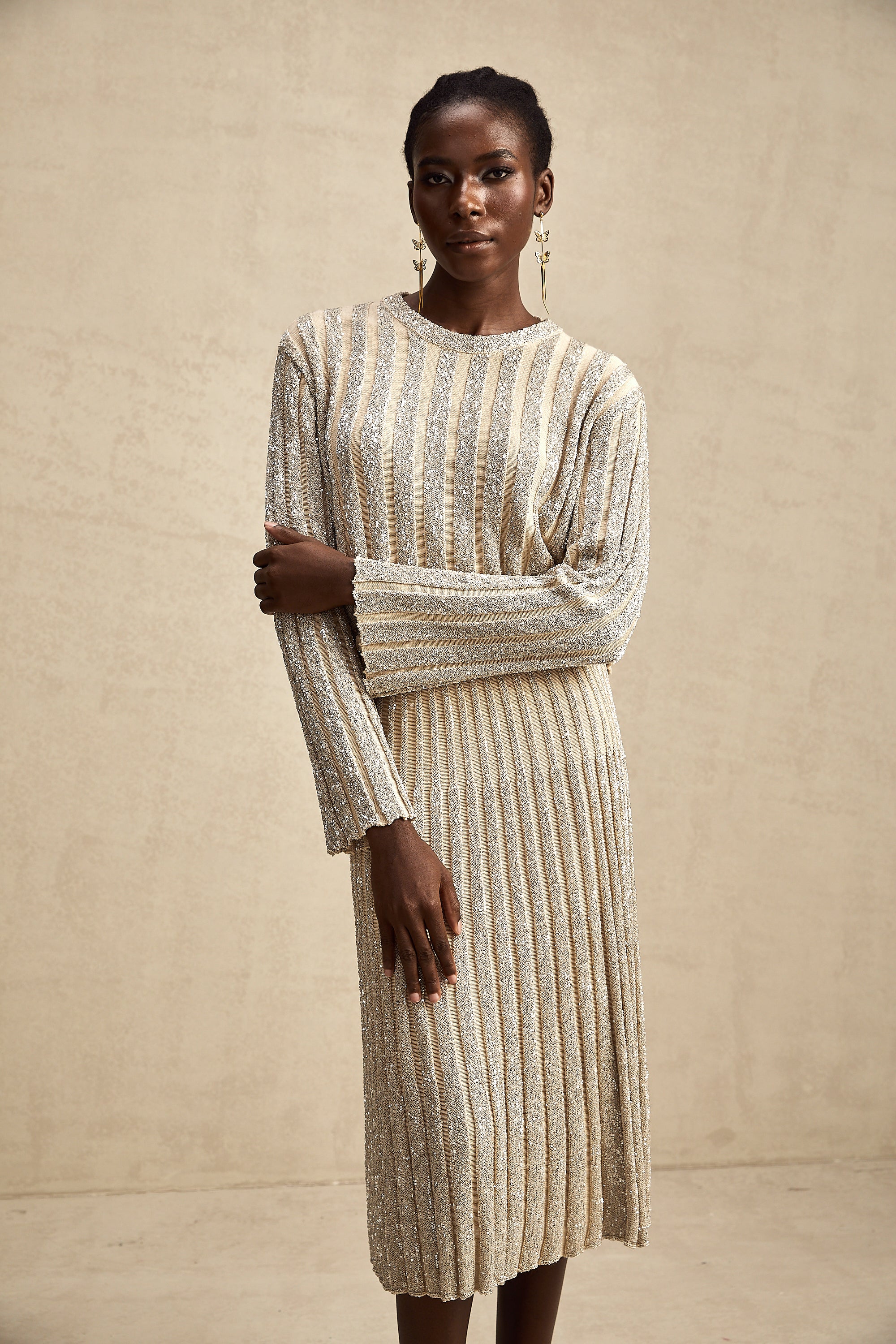 Aurore champagne stripe knit top & skirt matching set