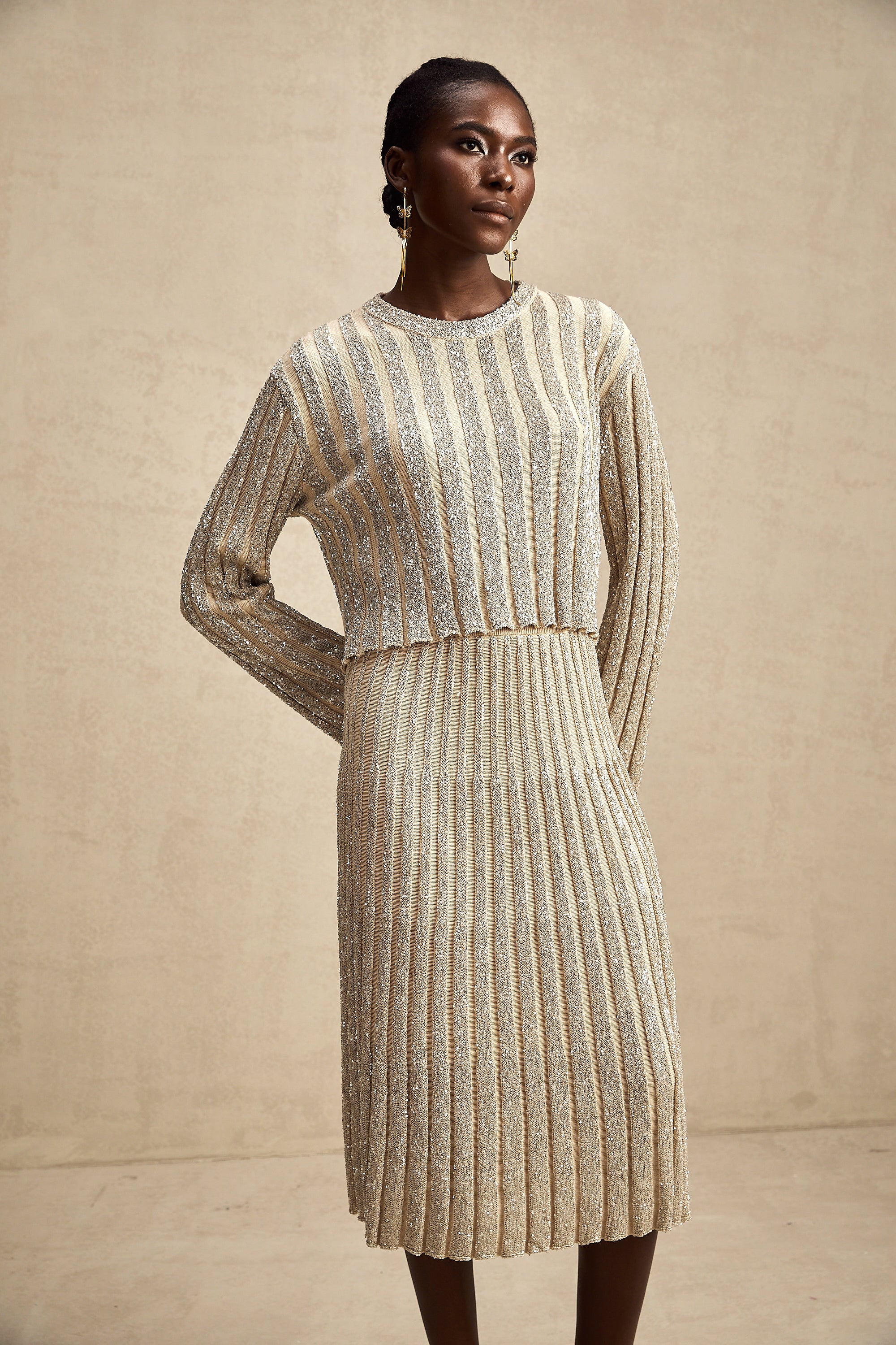 Aurore champagne stripe knit top & skirt matching set