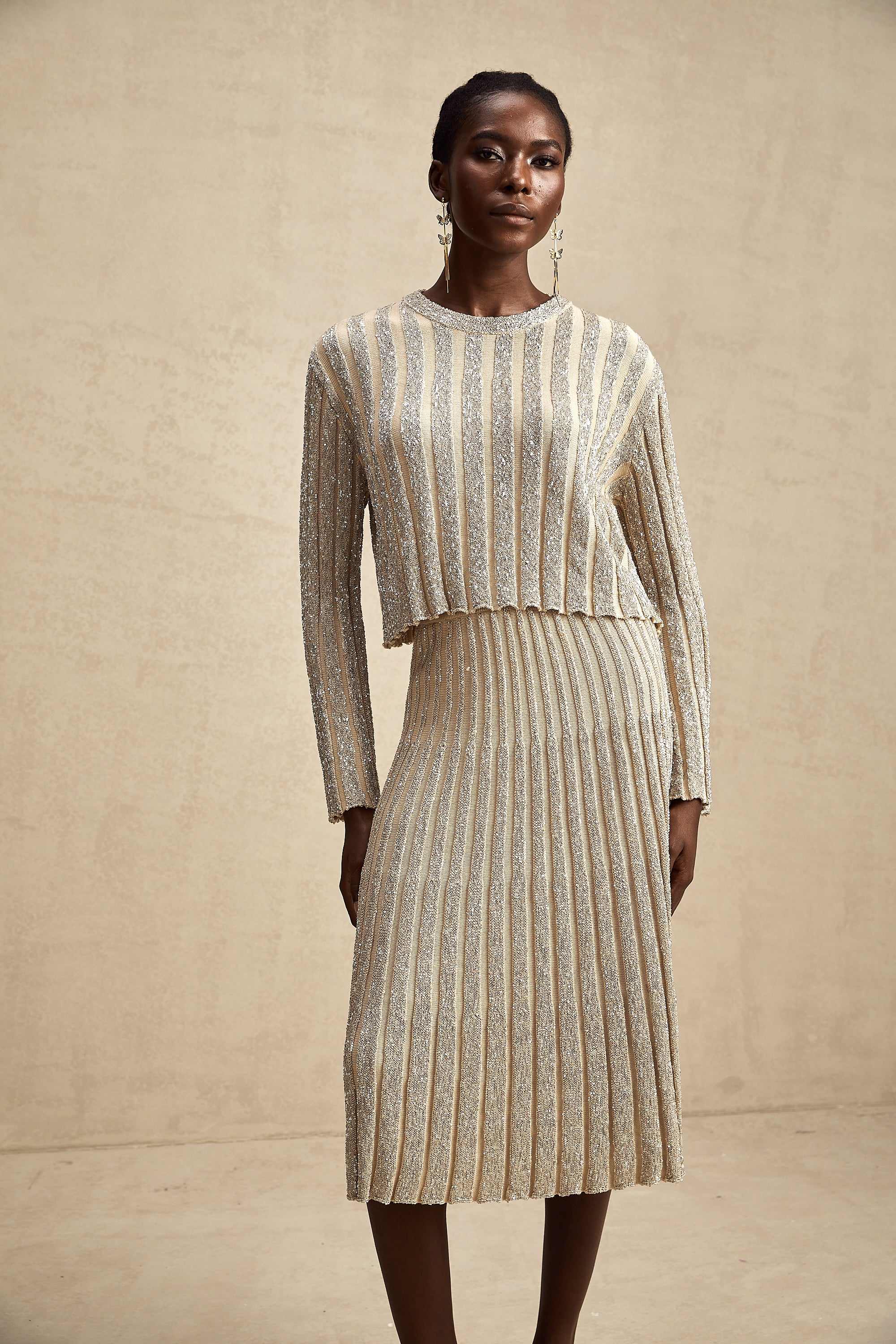 Aurore champagne stripe knit top & skirt matching set